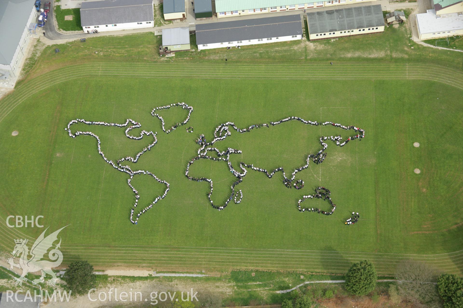 RCAHMW colour oblique aerial photograph of Penglais Comprehensive School, World Map of 1500 pupils. Taken on 17 April 2007 by Toby Driver