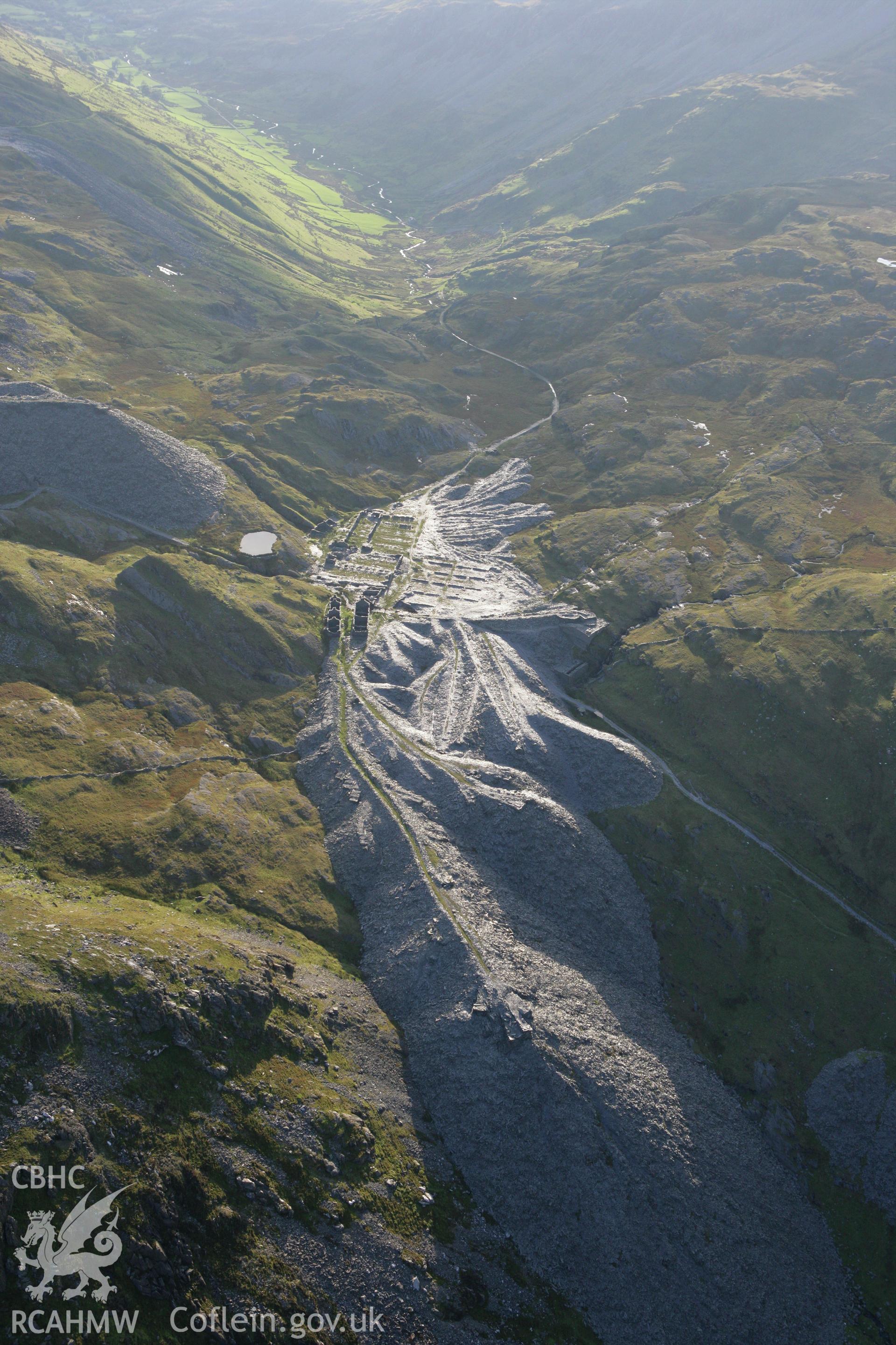 RCAHMW colour oblique aerial photograph of Rhosydd Slate Quarry. Taken on 06 September 2007 by Toby Driver
