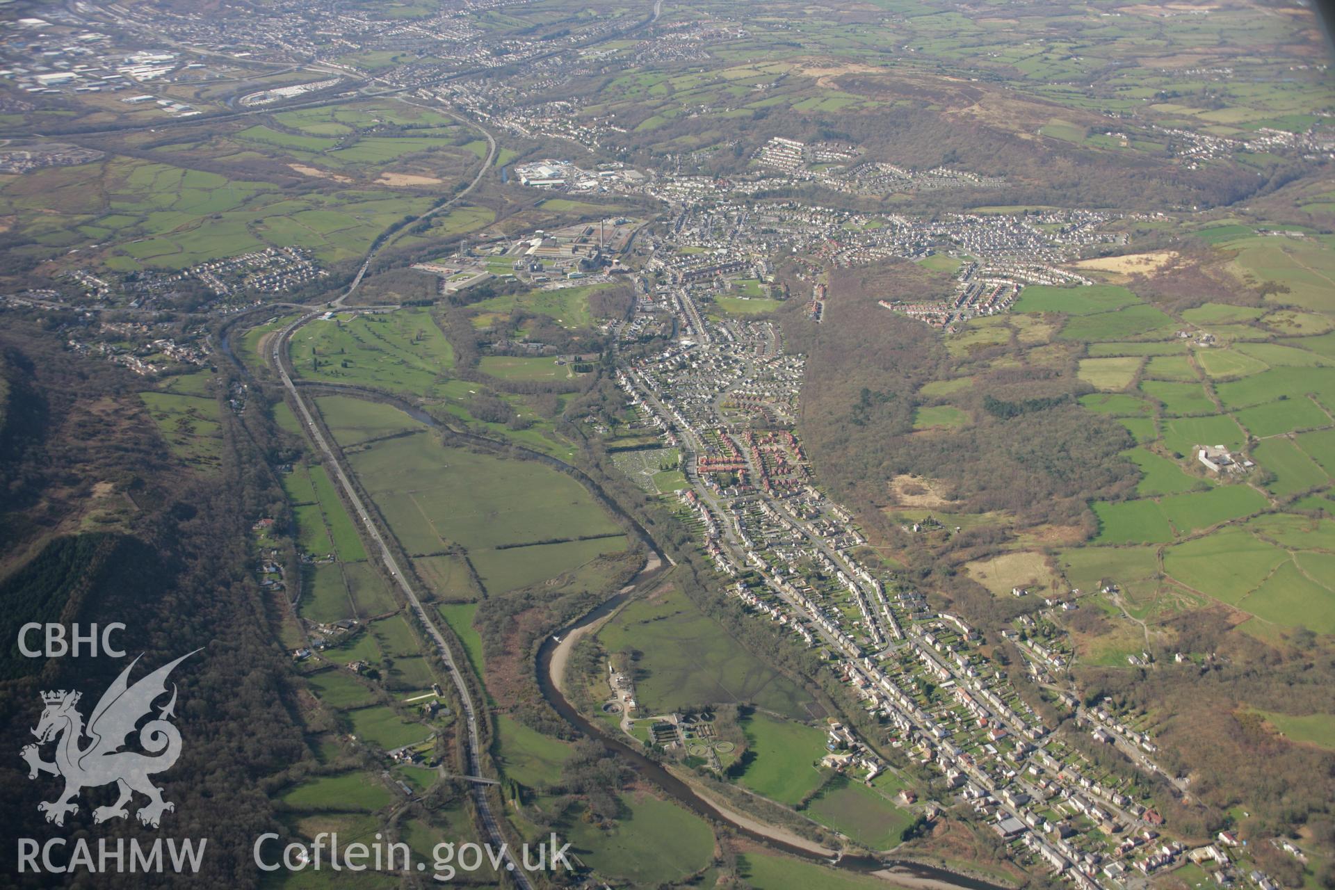 RCAHMW colour oblique aerial photograph of Mond Nickel Works, Clydach, Swansea in high view from the north-east. Taken on 21 March 2007 by Toby Driver