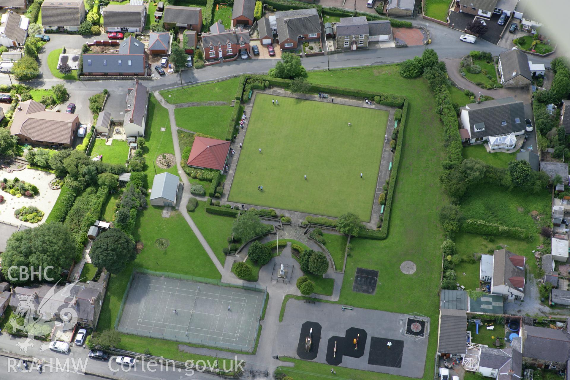 RCAHMW colour oblique aerial photograph of Coedpoeth Bowls Club Taken on 24 July 2007 by Toby Driver