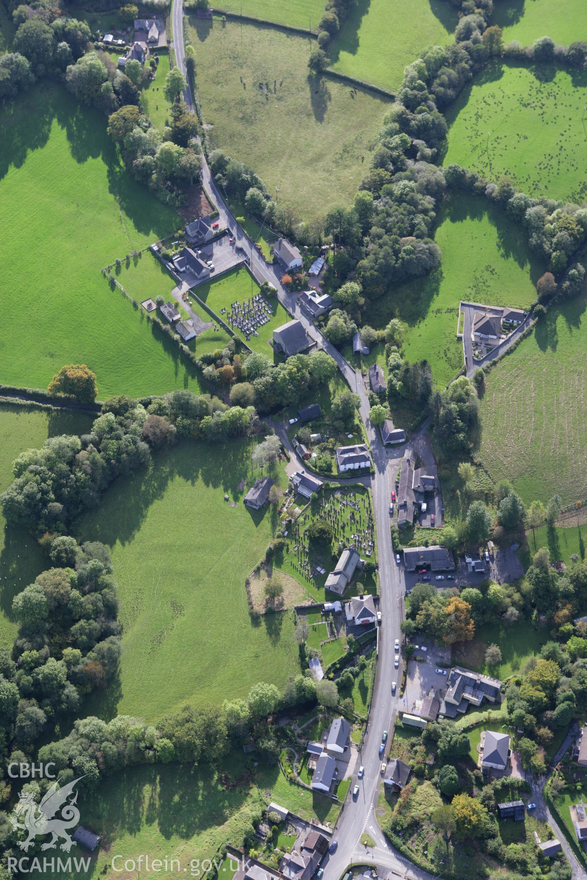 RCAHMW colour oblique photograph of Brechfa, village. Taken by Toby Driver on 04/10/2007.