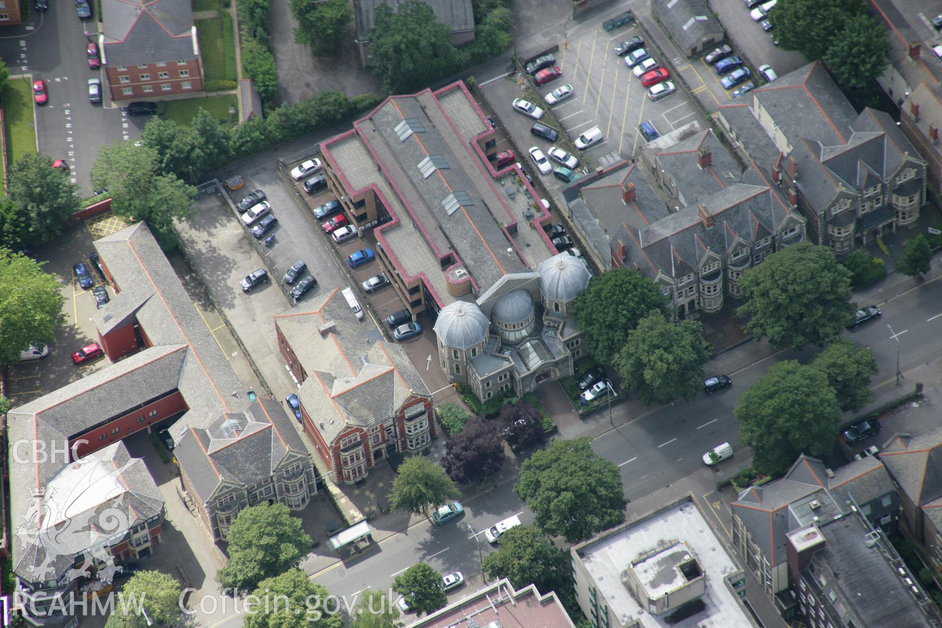 RCAHMW colour oblique aerial photograph of Cardiff United Synagogue, Cathedral Road, Cardiff. Taken on 30 July 2007 by Toby Driver