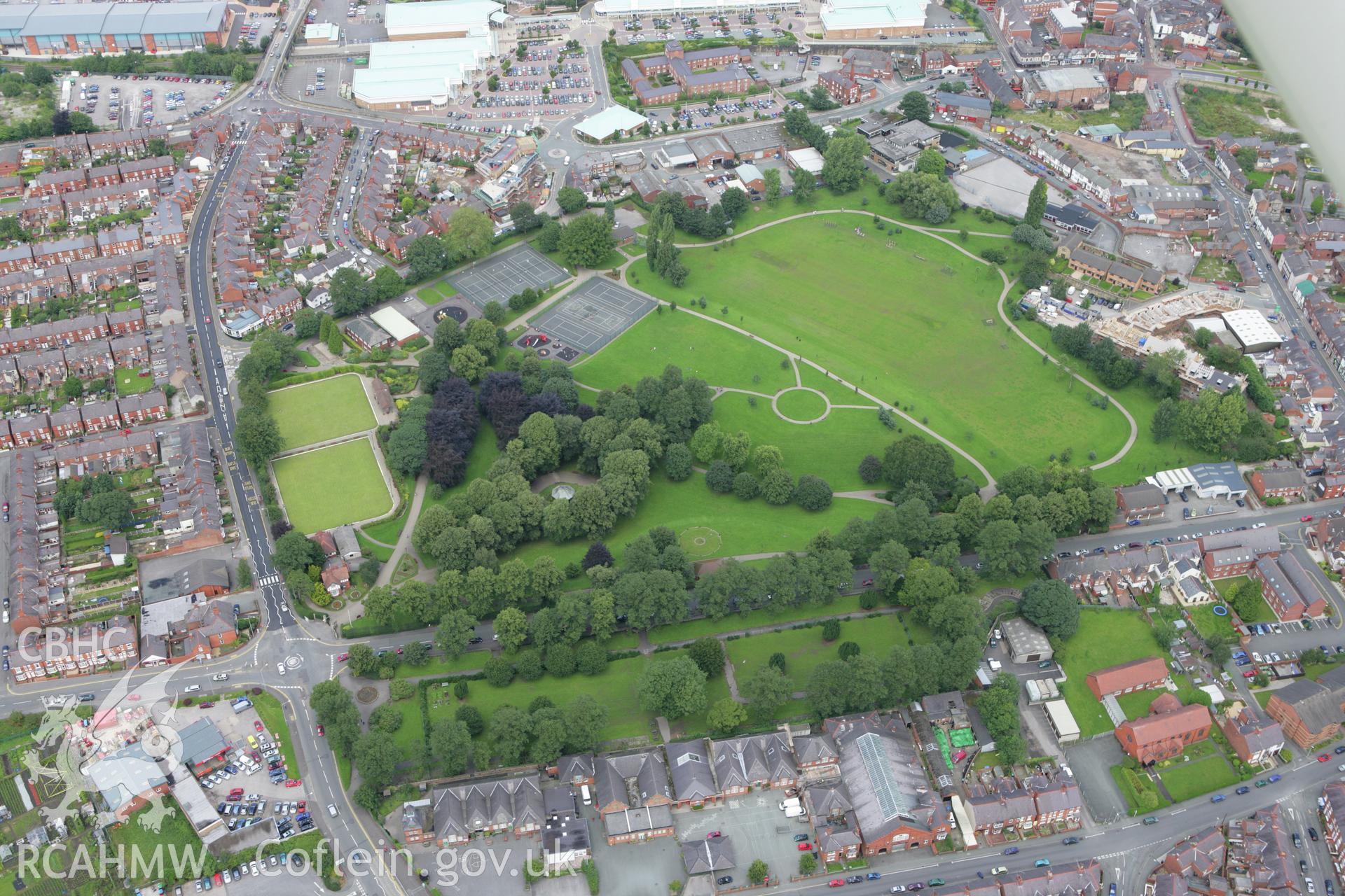 RCAHMW colour oblique aerial photograph of Wrexham showing a park. Taken on 24 July 2007 by Toby Driver