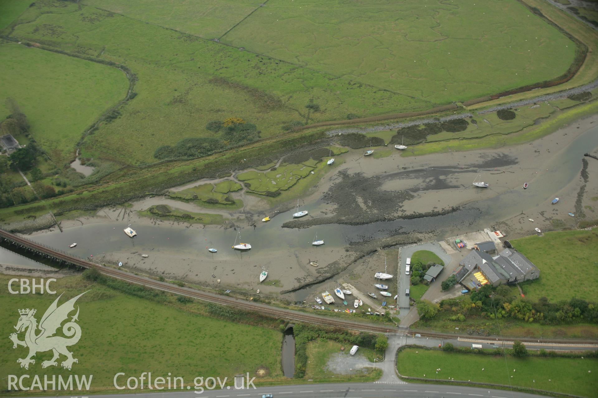 RCAHMW colour oblique photograph of Llanbedr and Pensarn railway station, low tide. Taken by Toby Driver on 08/10/2007.