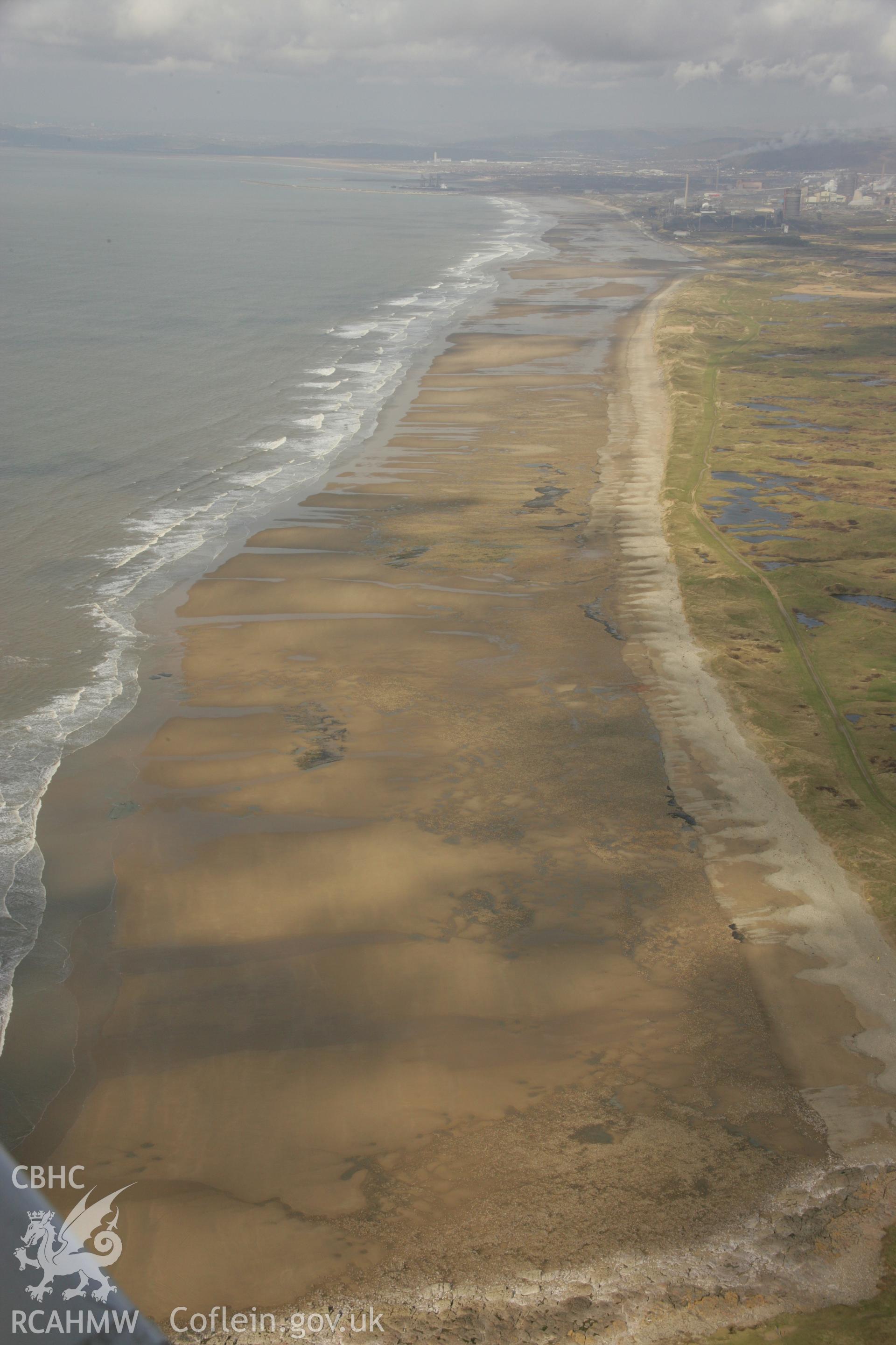 RCAHMW colour oblique aerial photograph of Gwely'r Misgl Wreck on Kenfig Sands. Taken on 16 March 2007 by Toby Driver