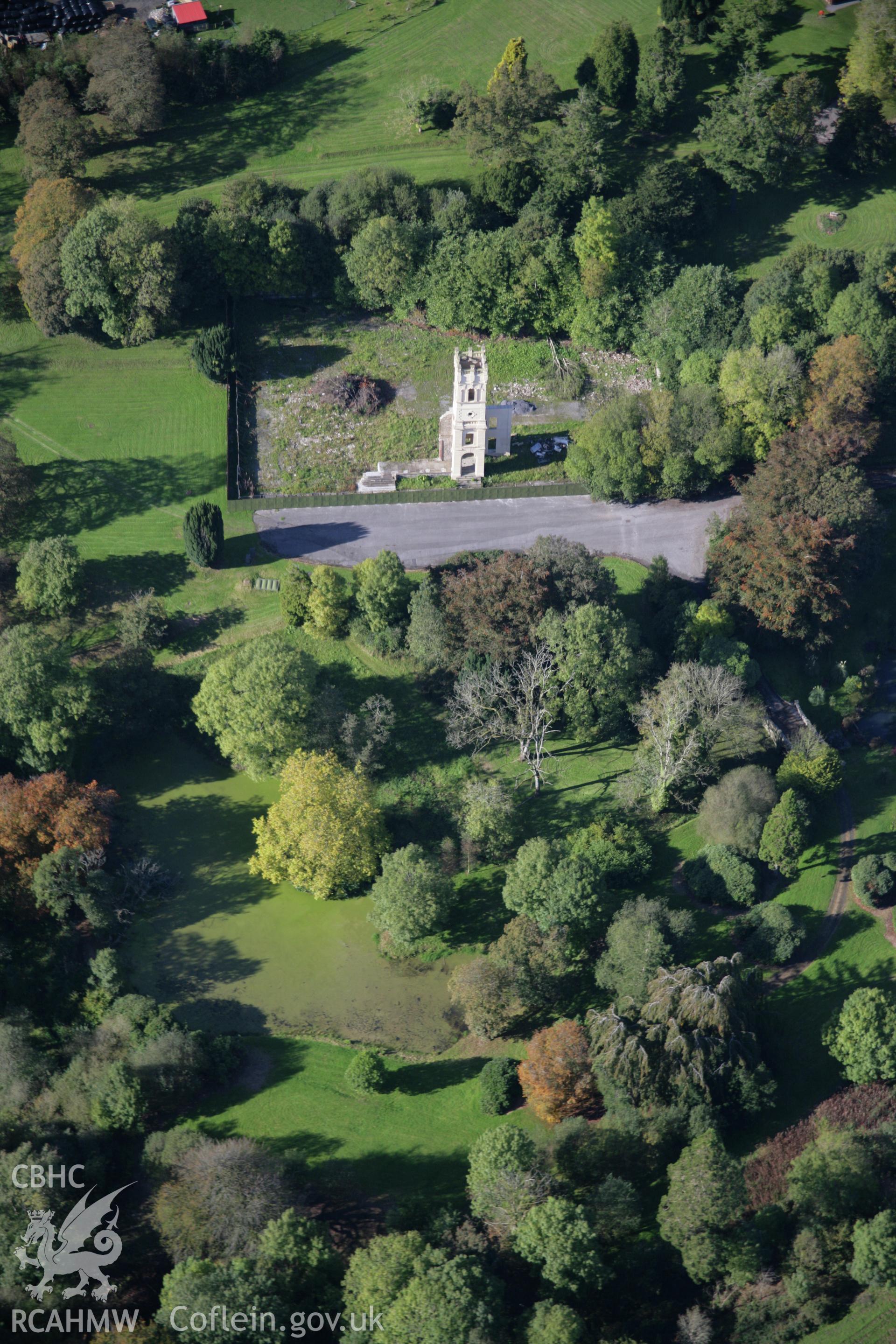 RCAHMW colour oblique photograph of Pantglas Hall (remains of) and gardens. Taken by Toby Driver on 04/10/2007.