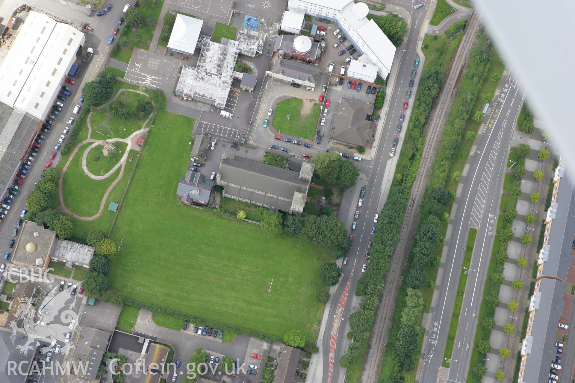 RCAHMW colour oblique aerial photograph of St Mary the Virgin and St Stephen the Martyr Church, Bute Street. Taken on 30 July 2007 by Toby Driver