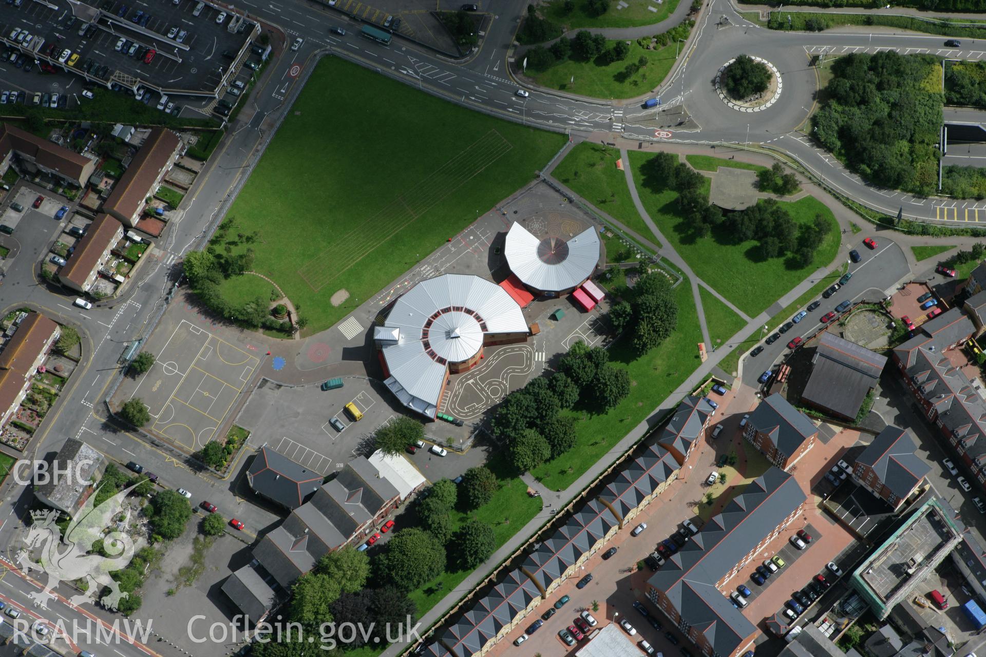 RCAHMW colour oblique aerial photograph of Mountstuart Primary School, Cardiff. Taken on 30 July 2007 by Toby Driver