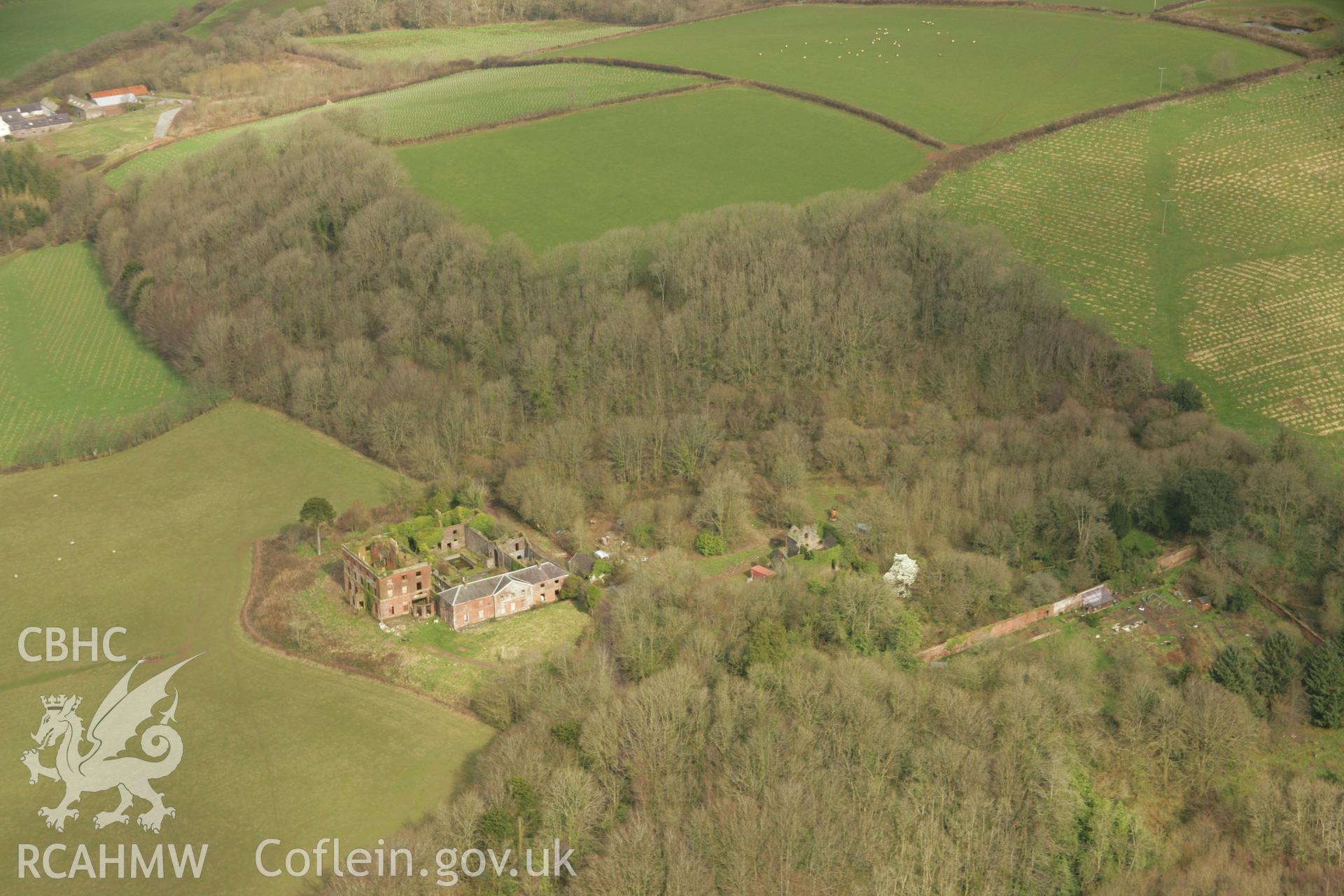 RCAHMW colour oblique aerial photograph of Iscoed Mansion Taken on 16 March 2007 by Toby Driver