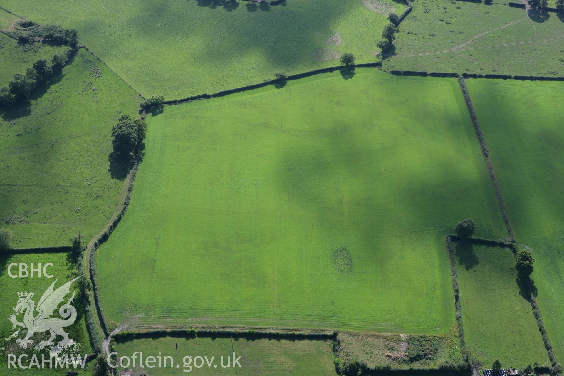 RCAHMW colour oblique aerial photograph of Cropmarks, southwest of Llandrinio. Taken on 06 September 2007 by Toby Driver
