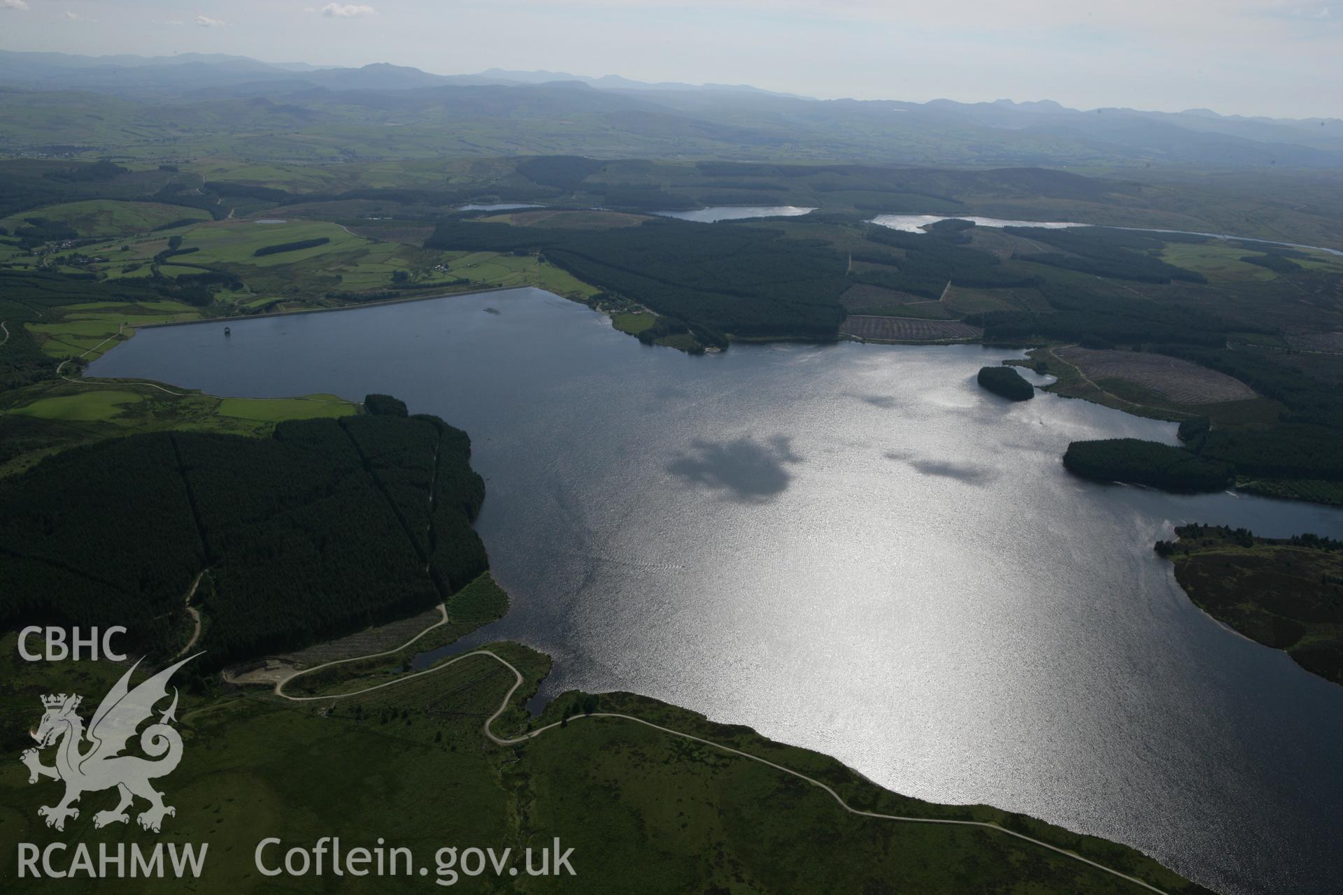 RCAHMW colour oblique aerial photograph showing landscape of Llyn Brenig. Taken on 31 July 2007 by Toby Driver