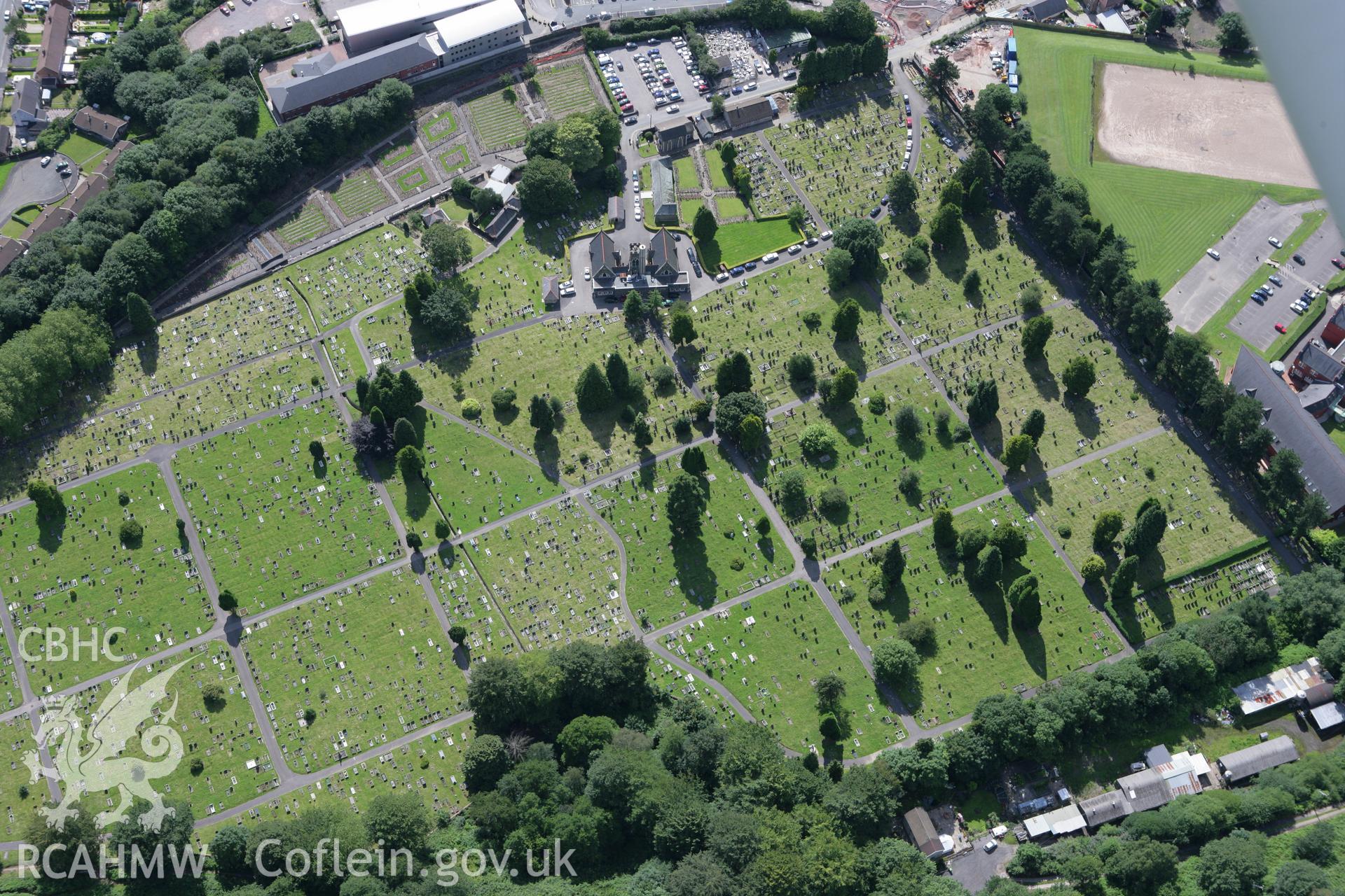 RCAHMW colour oblique aerial photograph of Cemetery Chapel, Glyntaf. Taken on 30 July 2007 by Toby Driver