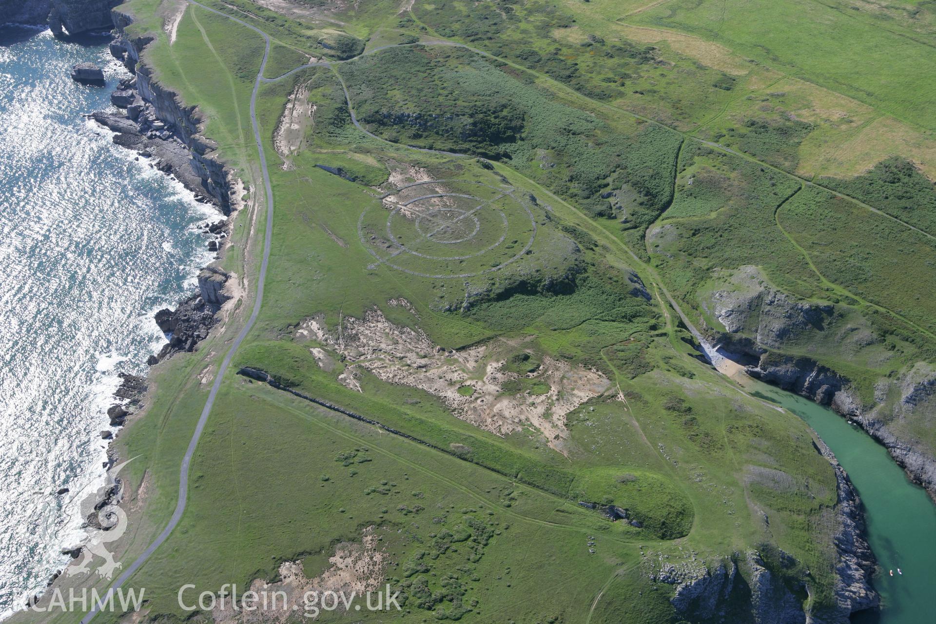RCAHMW colour oblique aerial photograph of an aerial bombing target for RAF Brawdy on Trevallen Downs, St Govan's Head. Taken on 30 July 2007 by Toby Driver