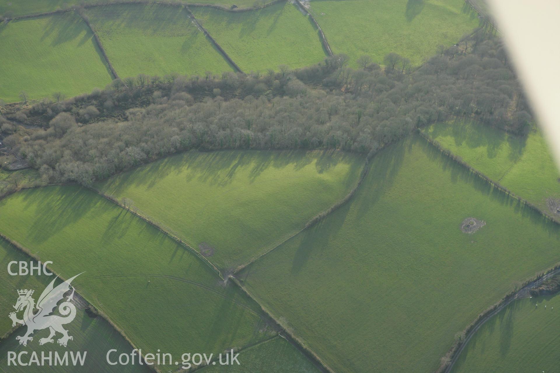 RCAHMW colour oblique photograph of Gwynfynydd Farm, probable defended enclosure. Taken by Toby Driver on 11/12/2007.