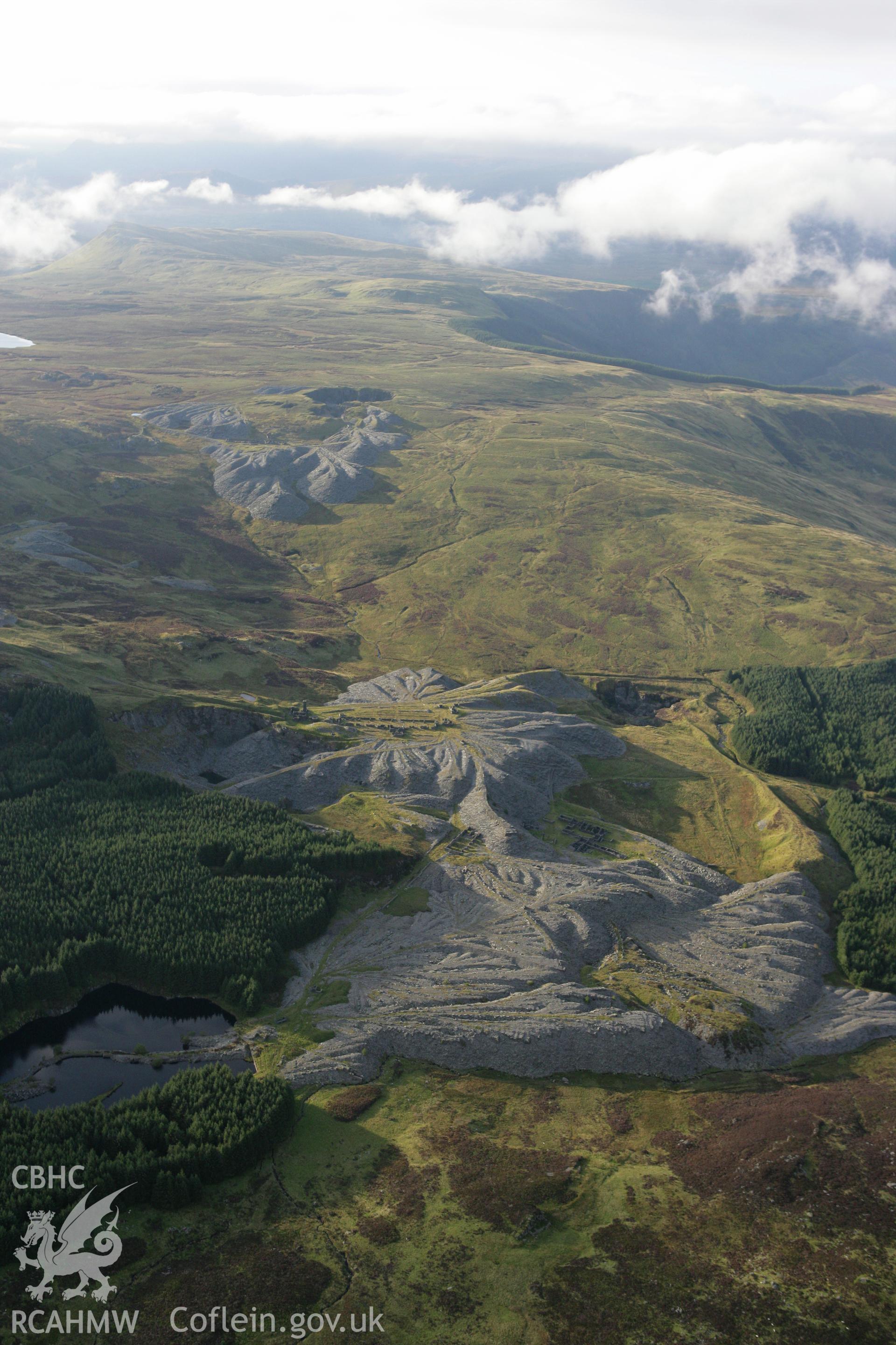 RCAHMW colour oblique aerial photograph of Rhiw-Bach Slate Quarry. Taken on 06 September 2007 by Toby Driver