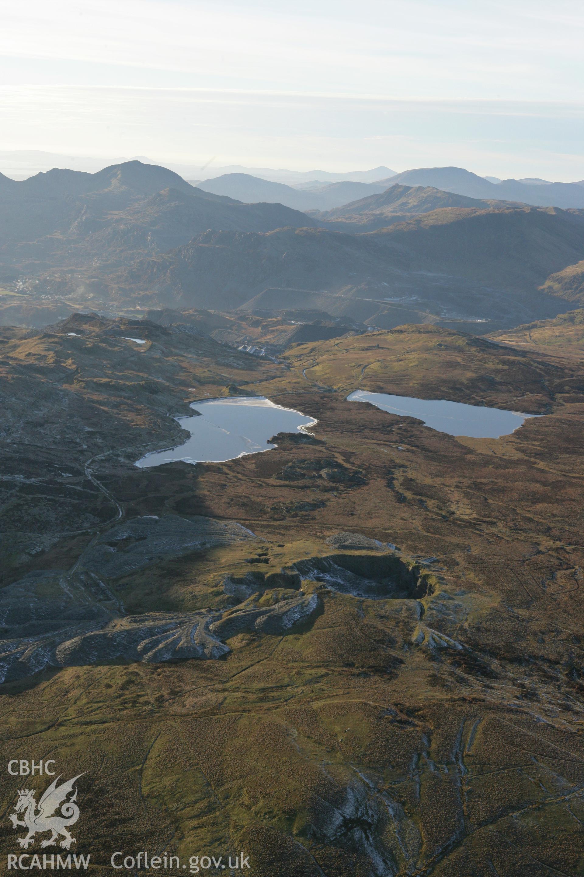 RCAHMW colour oblique photograph of Cwt y Bugail quarry. Taken by Toby Driver on 20/12/2007.