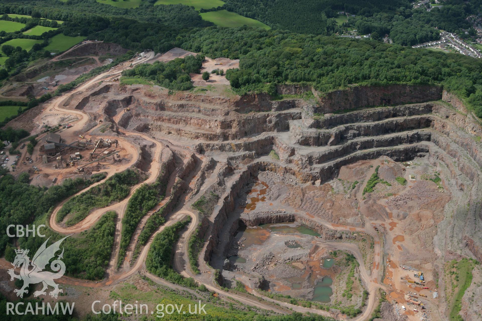 RCAHMW colour oblique aerial photograph of Taff's Well Quarry, Pentyrch. Taken on 30 July 2007 by Toby Driver