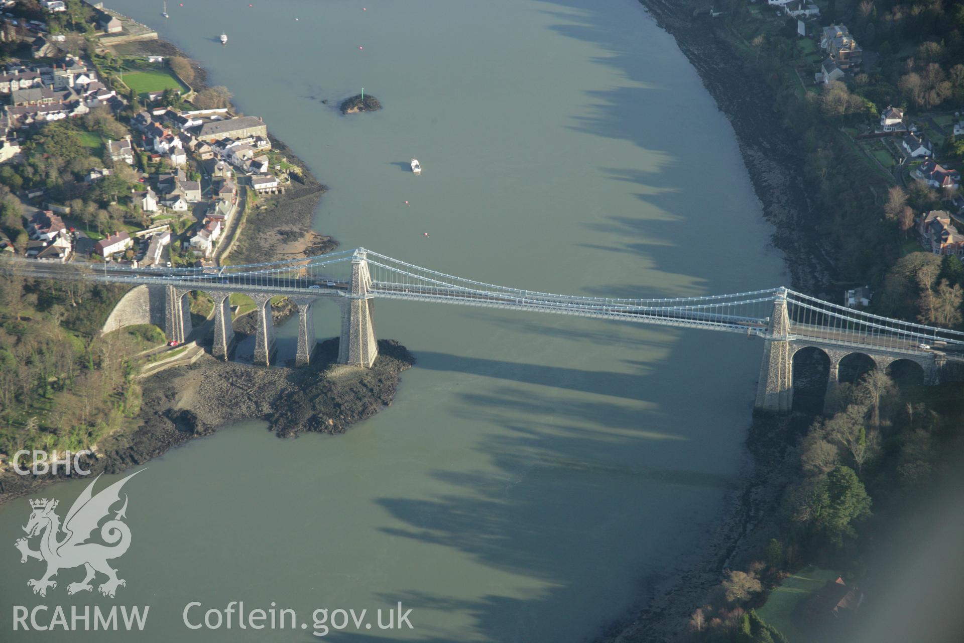 RCAHMW colour oblique aerial photograph of Menai Suspension Bridge. Taken on 25 January 2007 by Toby Driver