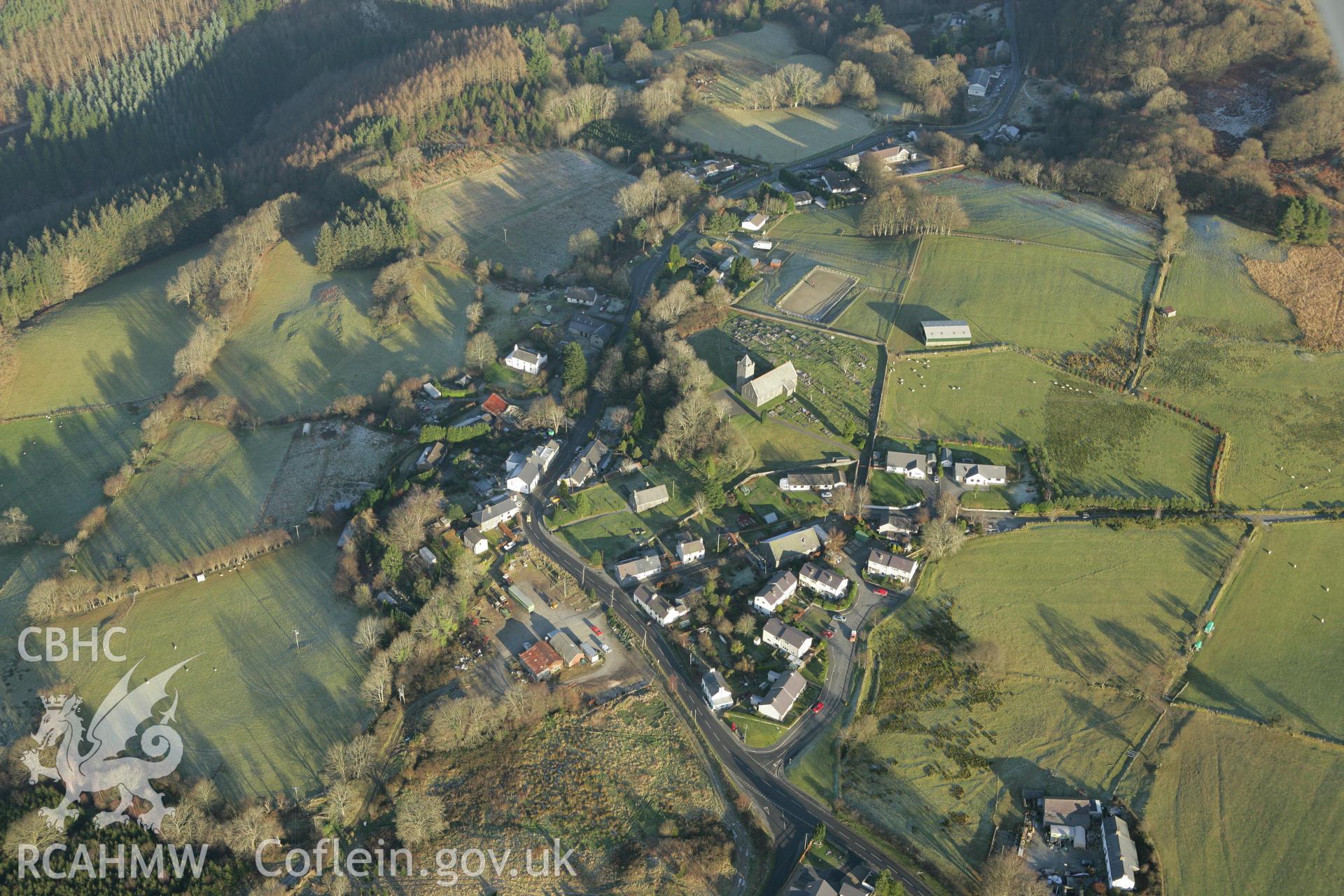 RCAHMW colour oblique photograph of the village of Ysbyty Ystwyth. Taken by Toby Driver on 20/12/2007.