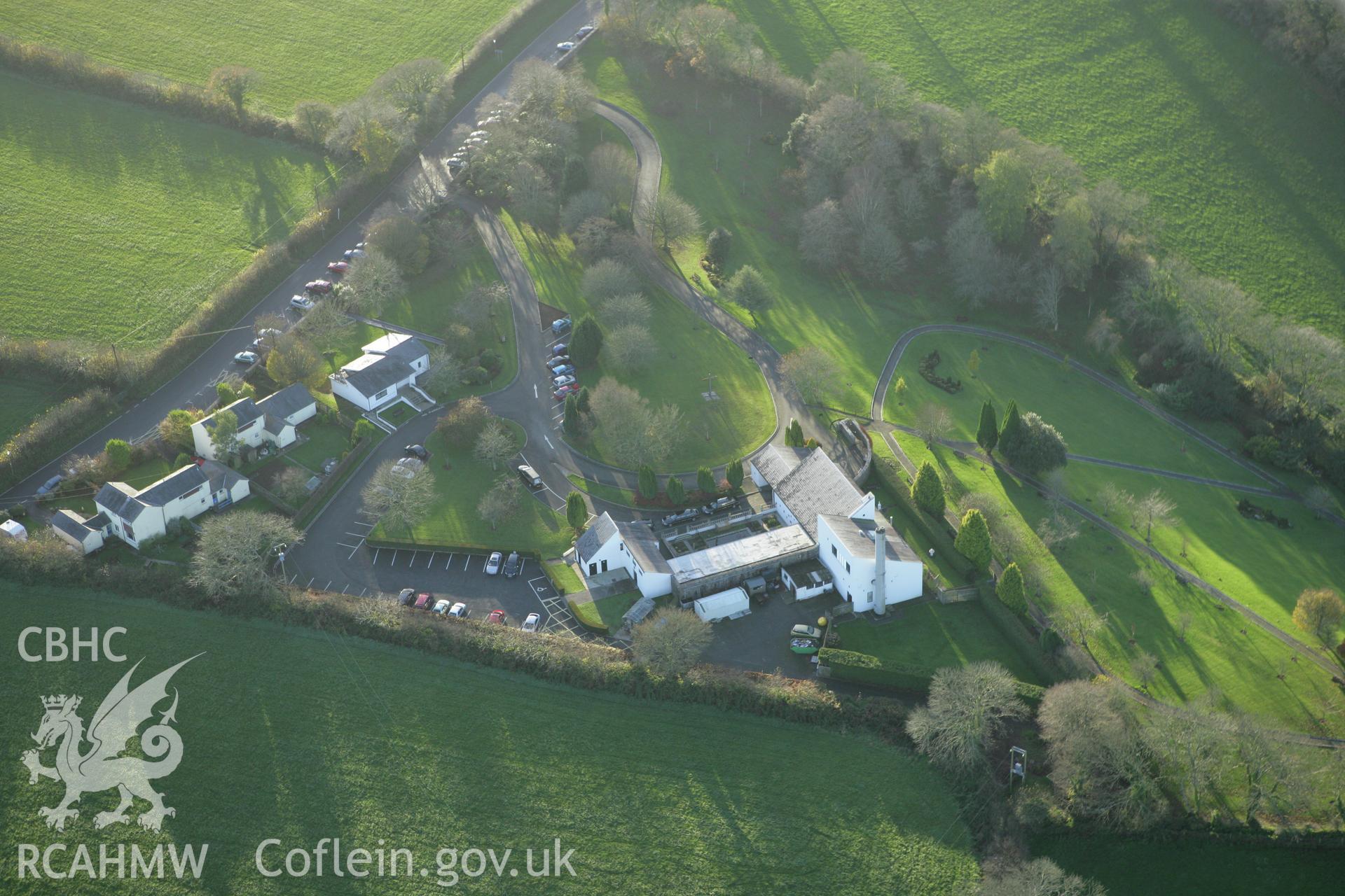 RCAHMW colour oblique photograph of ParkGwyn crematorium chapel;Parc Gwyn, Llan-Mill. Taken by Toby Driver on 29/11/2007.