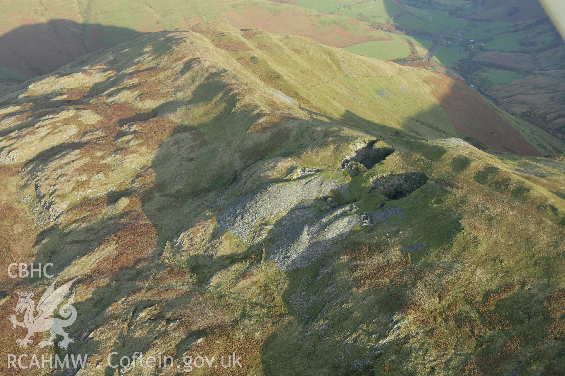 RCAHMW colour oblique photograph of Cloddfa Gwanas slate quarry. Taken by Toby Driver on 11/12/2007.