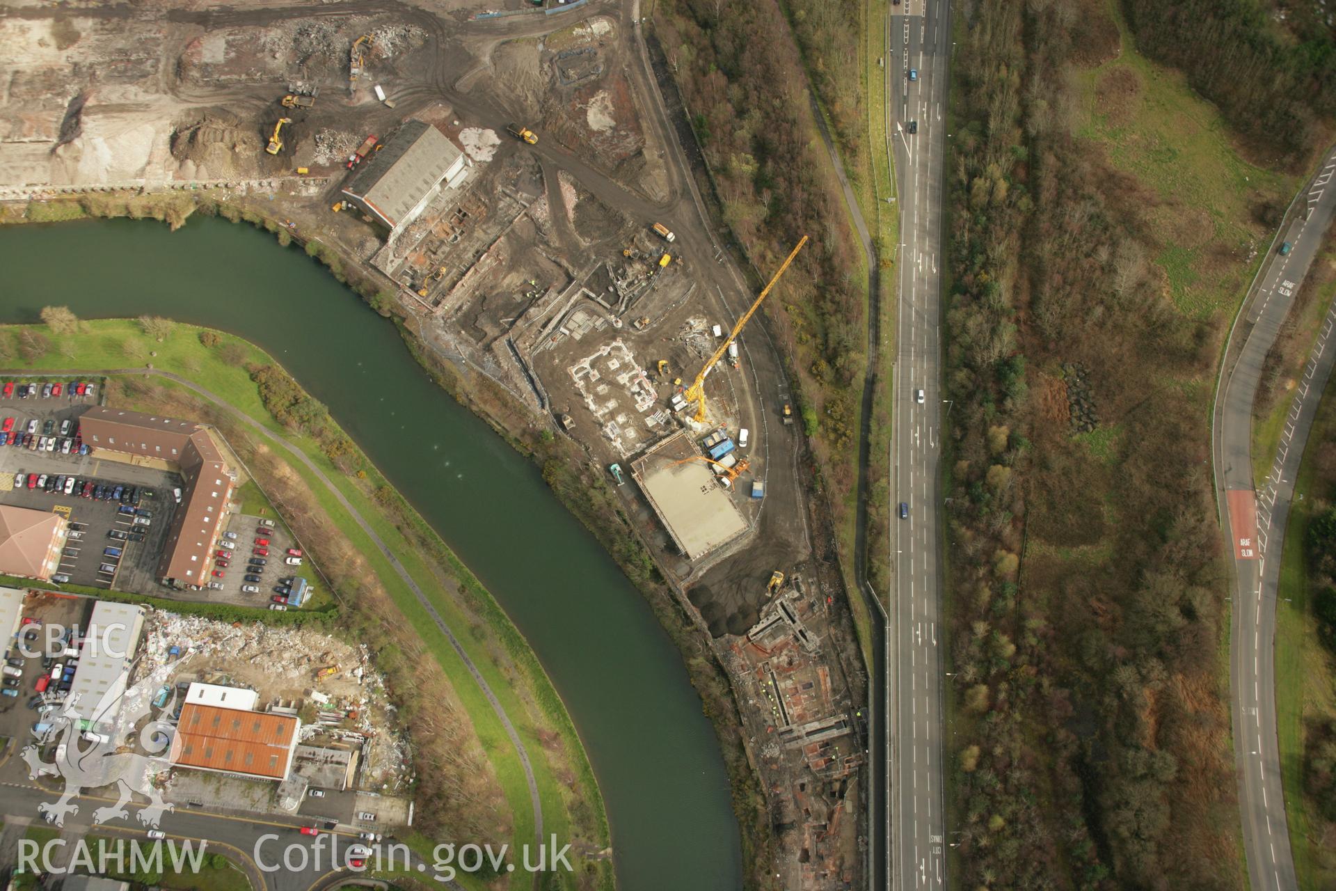 RCAHMW colour oblique aerial photograph of Upper Bank Copperworks, Swansea, showing excavations. Taken on 16 March 2007 by Toby Driver