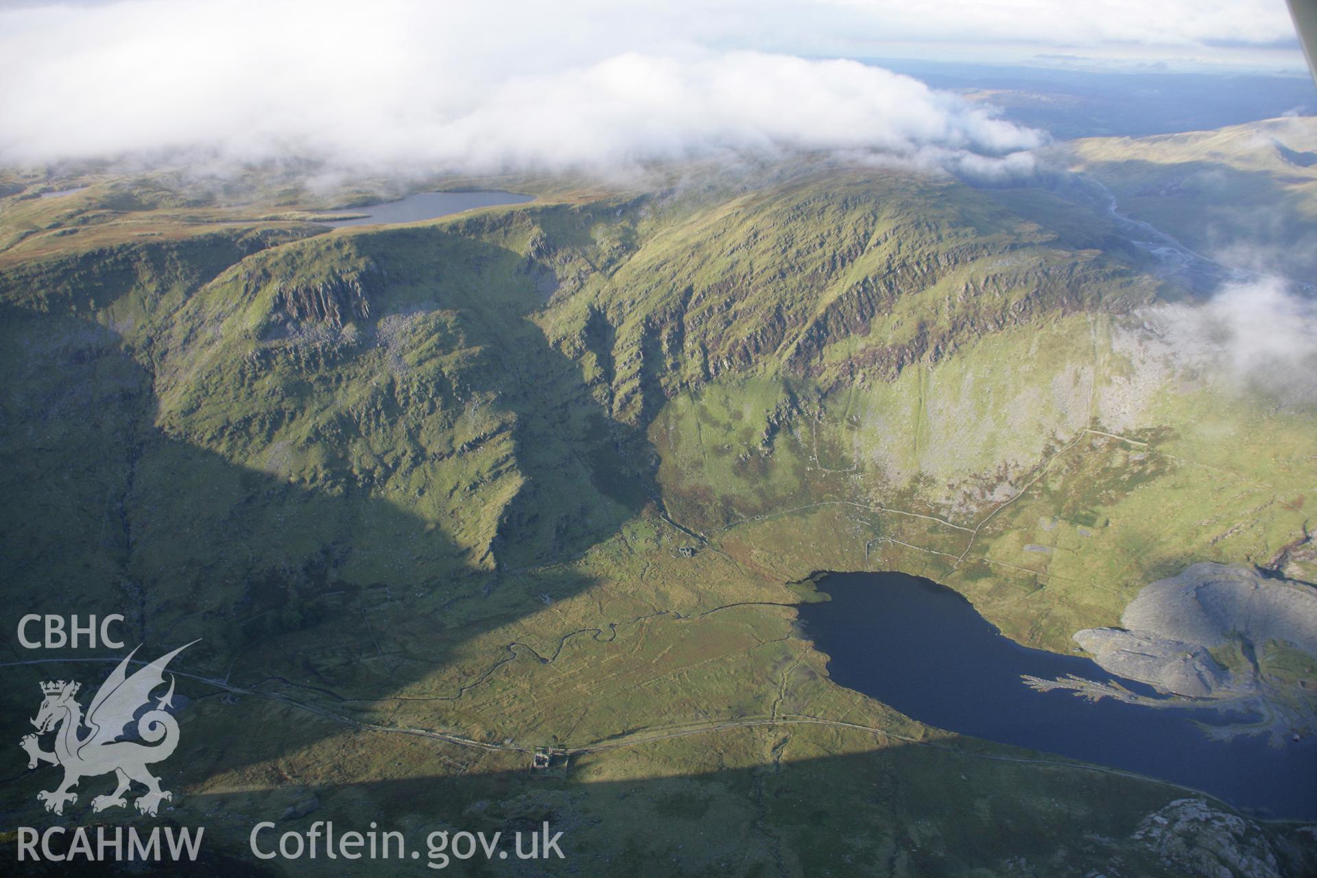 RCAHMW colour oblique aerial photograph of Cwmorthin Slate Quarry, in a landscape view from the south. Taken on 06 September 2007 by Toby Driver