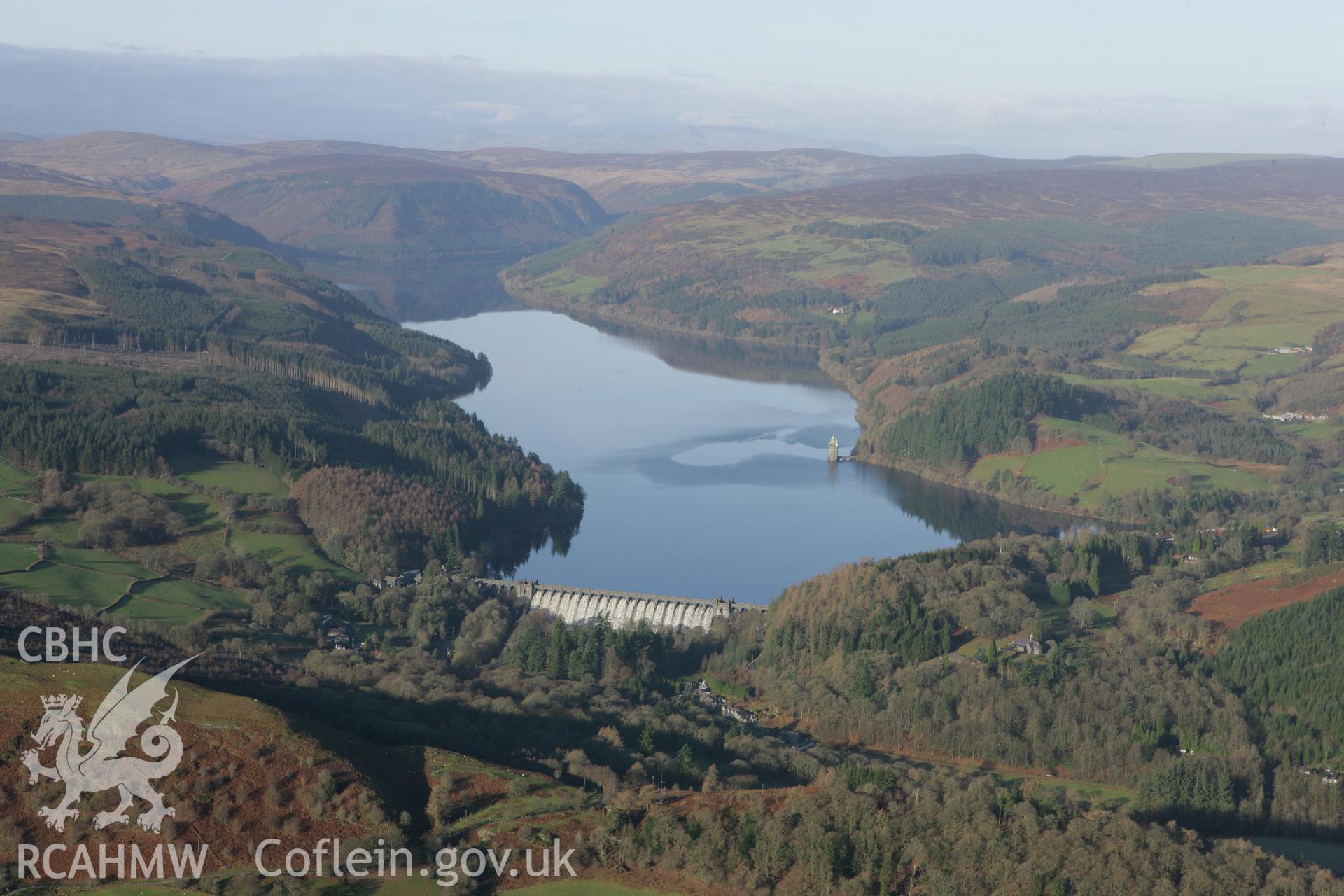 RCAHMW colour oblique photograph of Lake Vyrnwy Dam, Llanwyddyn. Taken by Toby Driver on 11/12/2007.