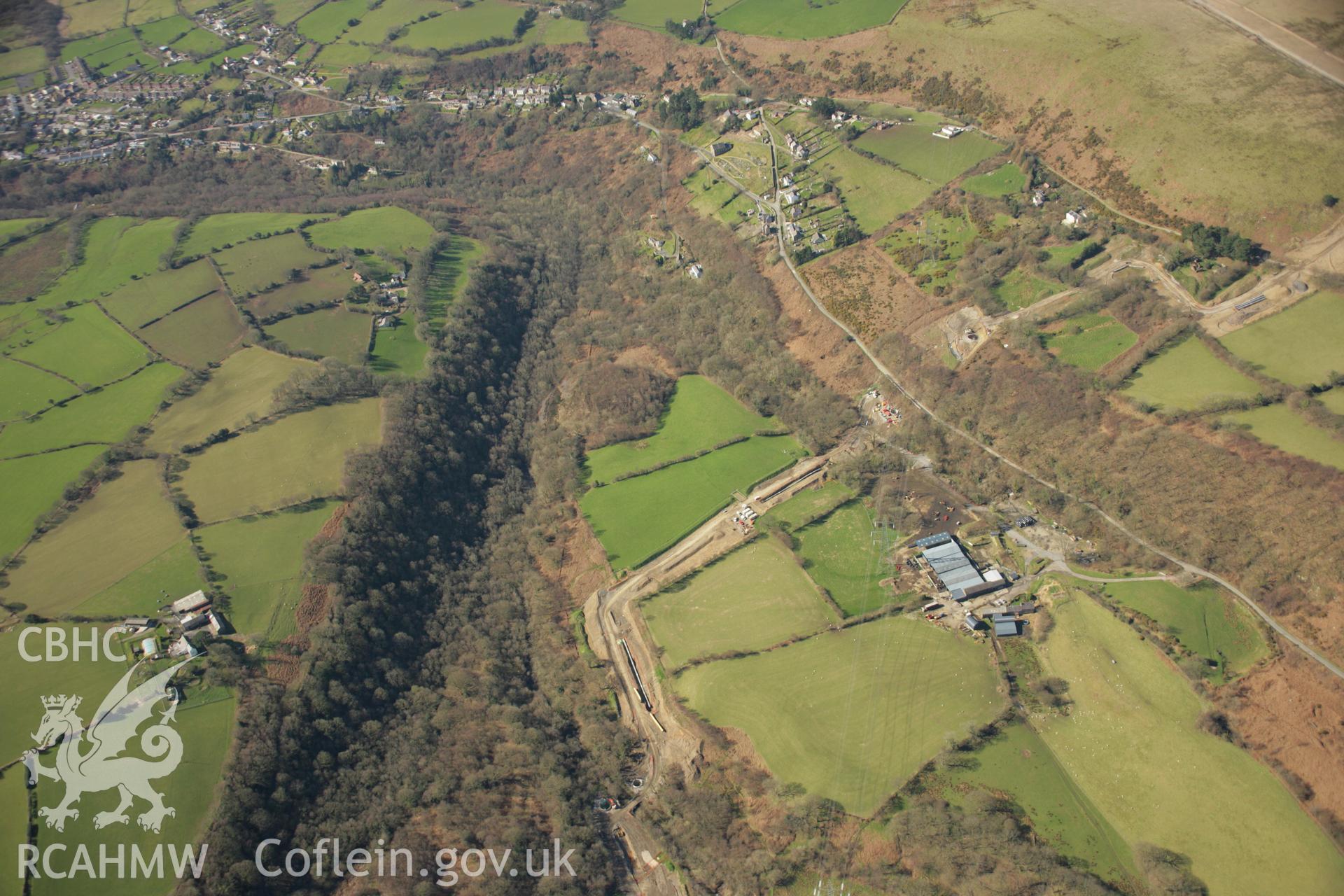 RCAHMW colour oblique aerial photograph of Pantycrwys Independent Chapel, Rhyd Ty Gwin, Craig-Cefn-Parc in landscape view showing LNG pipeline. Taken on 21 March 2007 by Toby Driver