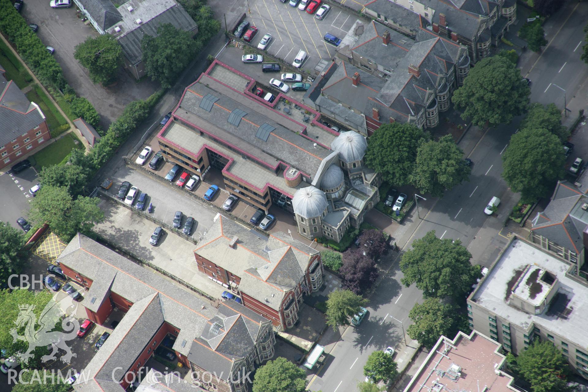 RCAHMW colour oblique aerial photograph of Cardiff United Synagogue, Cathedral Road, Cardiff. Taken on 30 July 2007 by Toby Driver