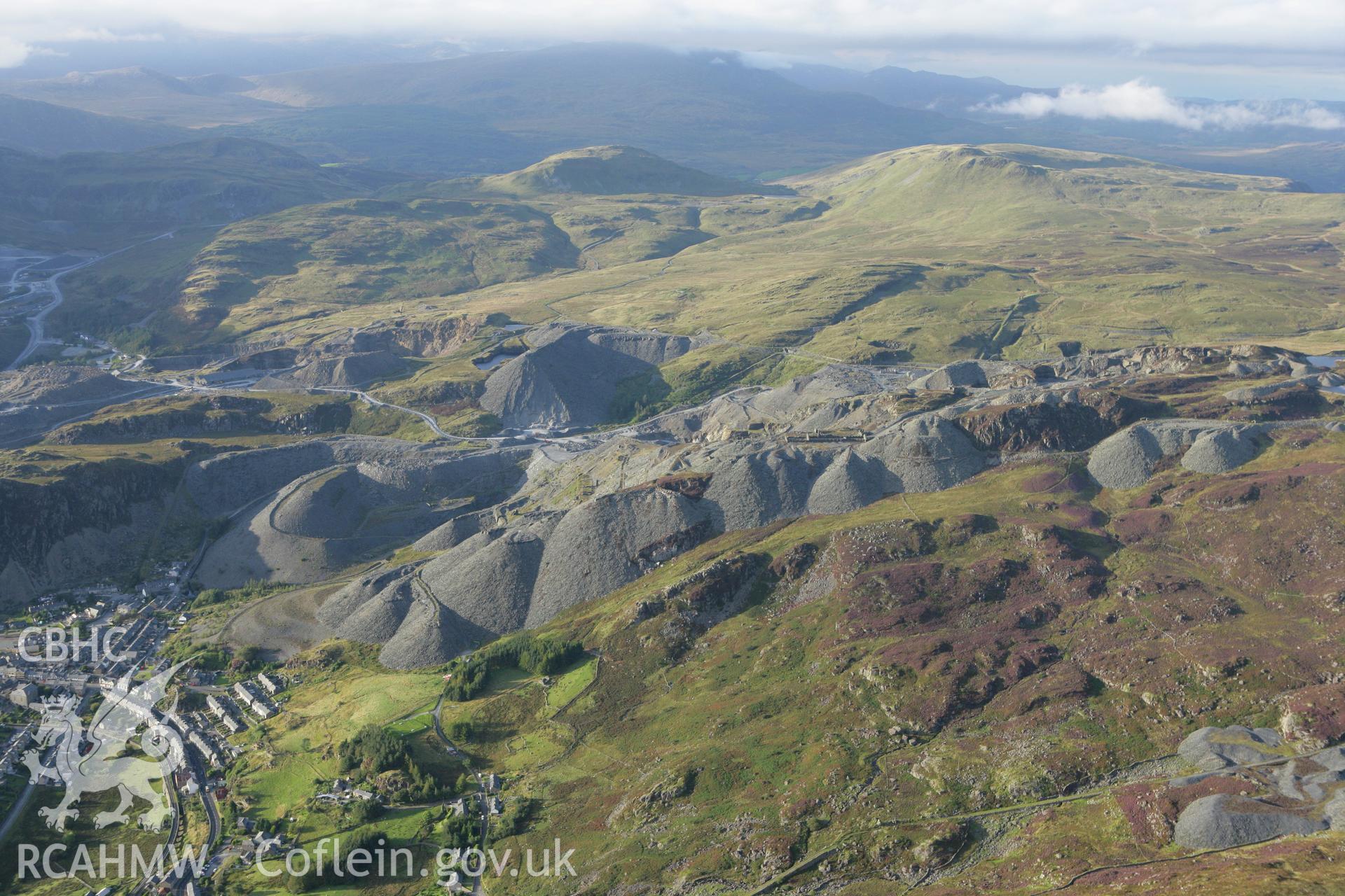 RCAHMW colour oblique aerial photograph of Blaenau Ffestiniog from the south showing the quarries. Taken on 06 September 2007 by Toby Driver