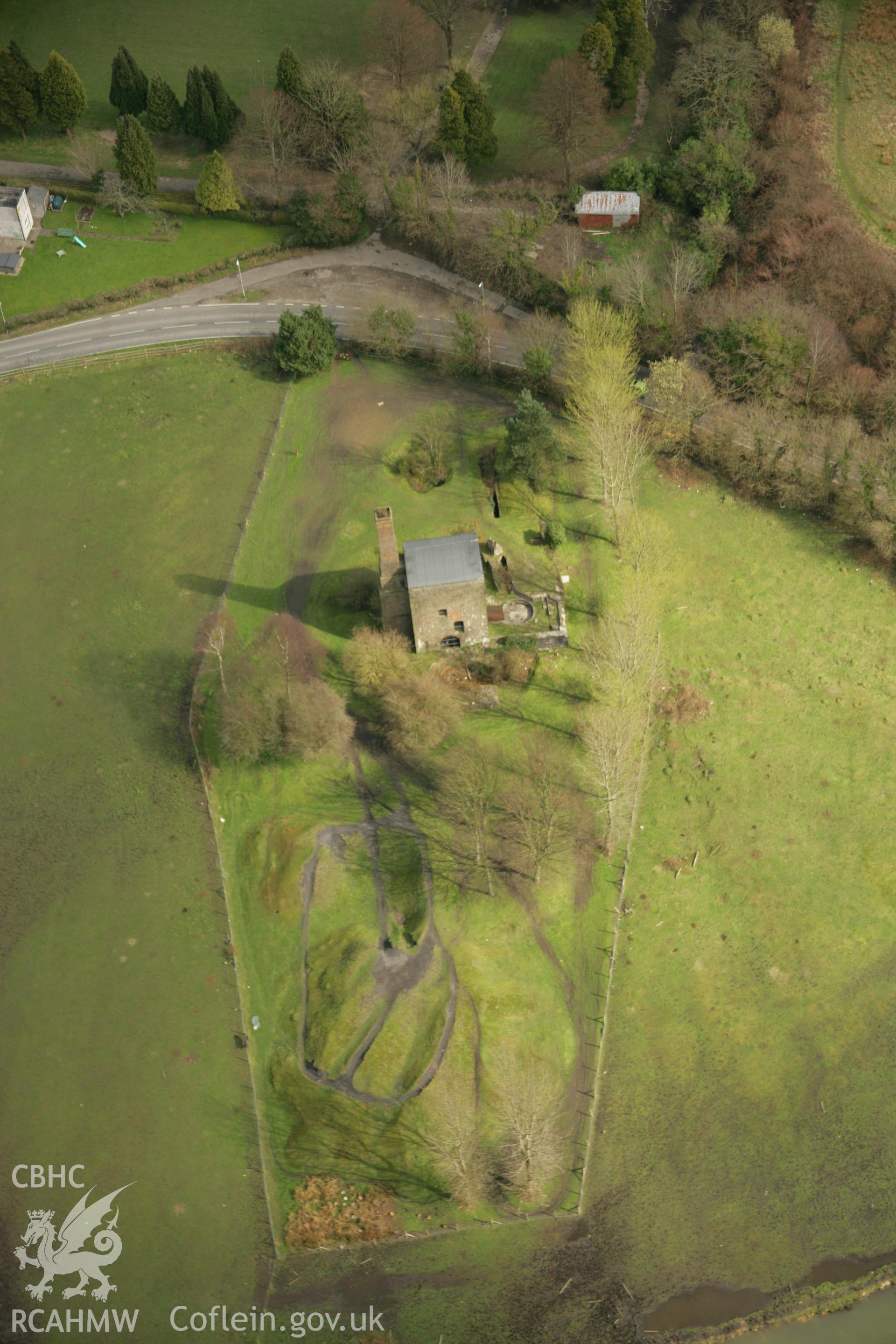 RCAHMW colour oblique aerial photograph of Scotts Pit Engine House, Heol-Las. Taken on 16 March 2007 by Toby Driver