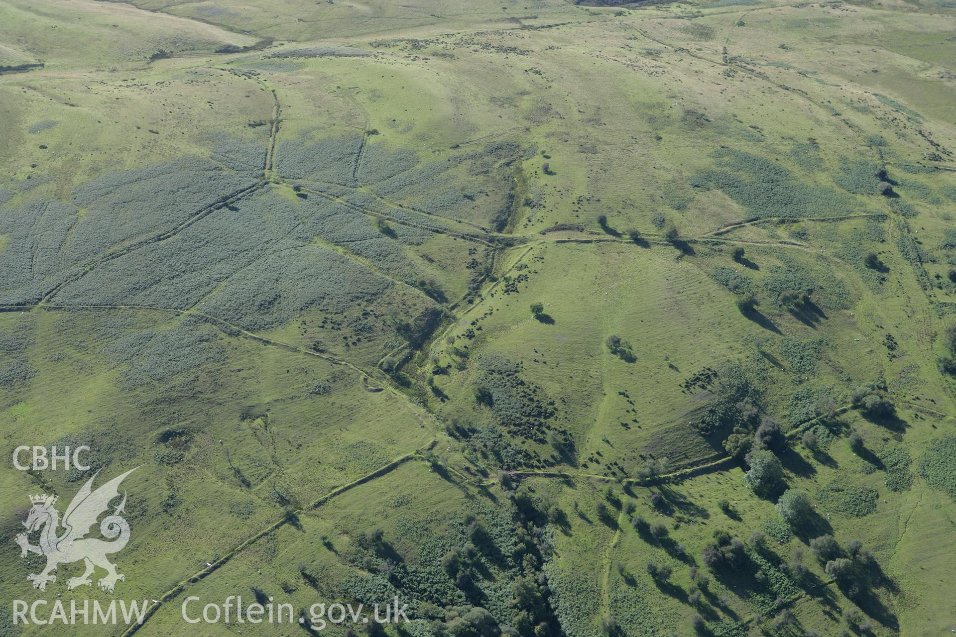 RCAHMW colour oblique aerial photograph of field system to the east of Llawr-y-Dolau. Taken on 08 August 2007 by Toby Driver