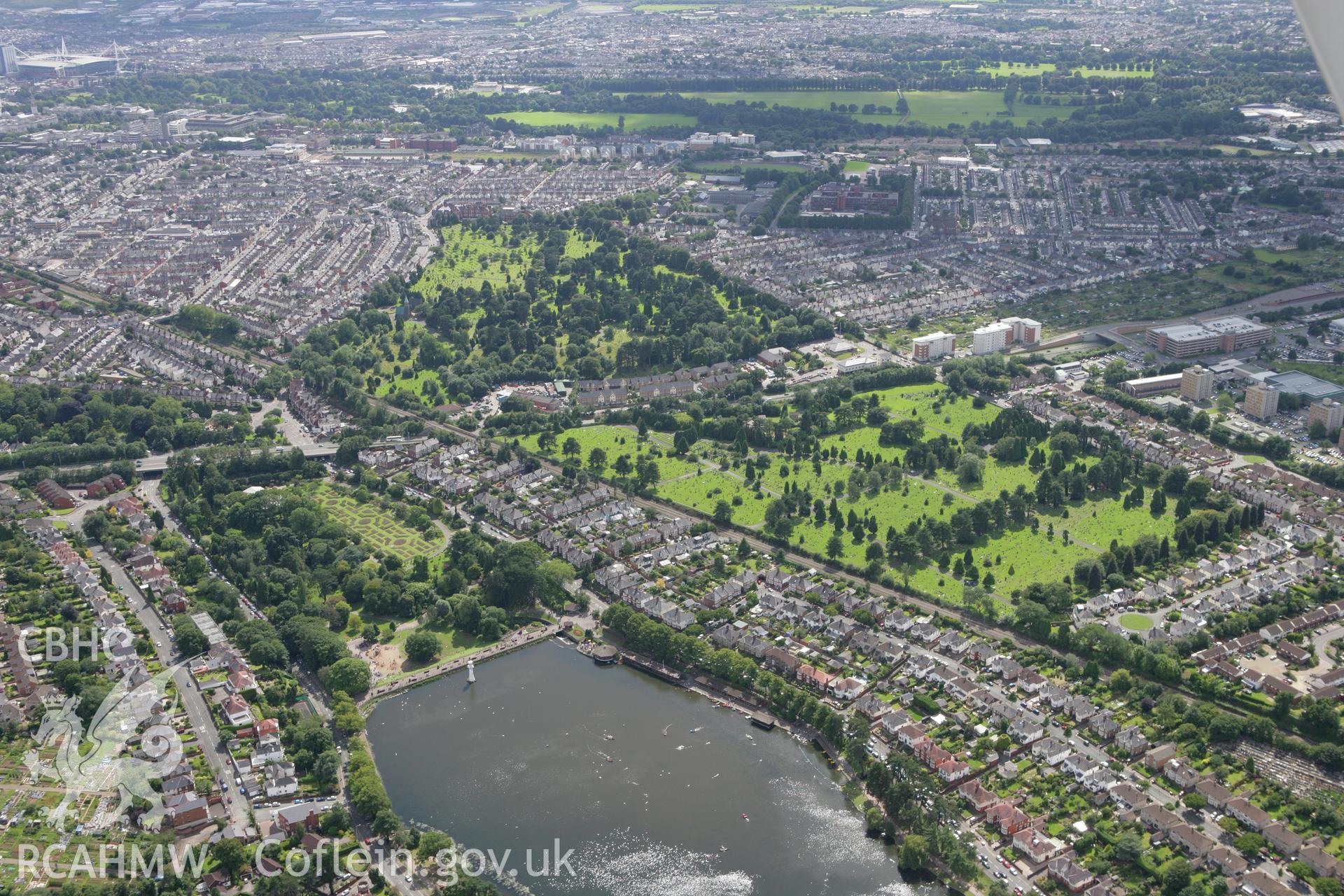 RCAHMW colour oblique aerial photograph of Roath Park, Cardiff. Taken on 30 July 2007 by Toby Driver