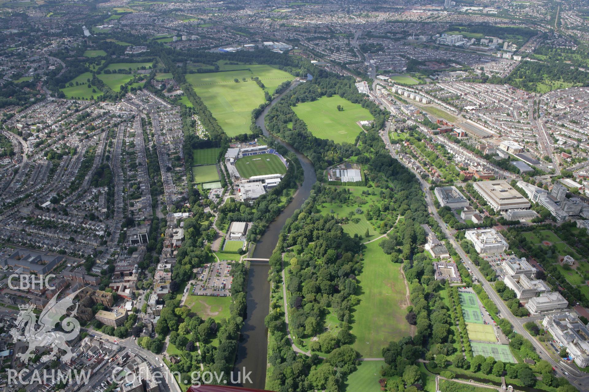 RCAHMW colour oblique aerial photograph of Cardiff Castle and Bute Park, Cardiff. Taken on 30 July 2007 by Toby Driver