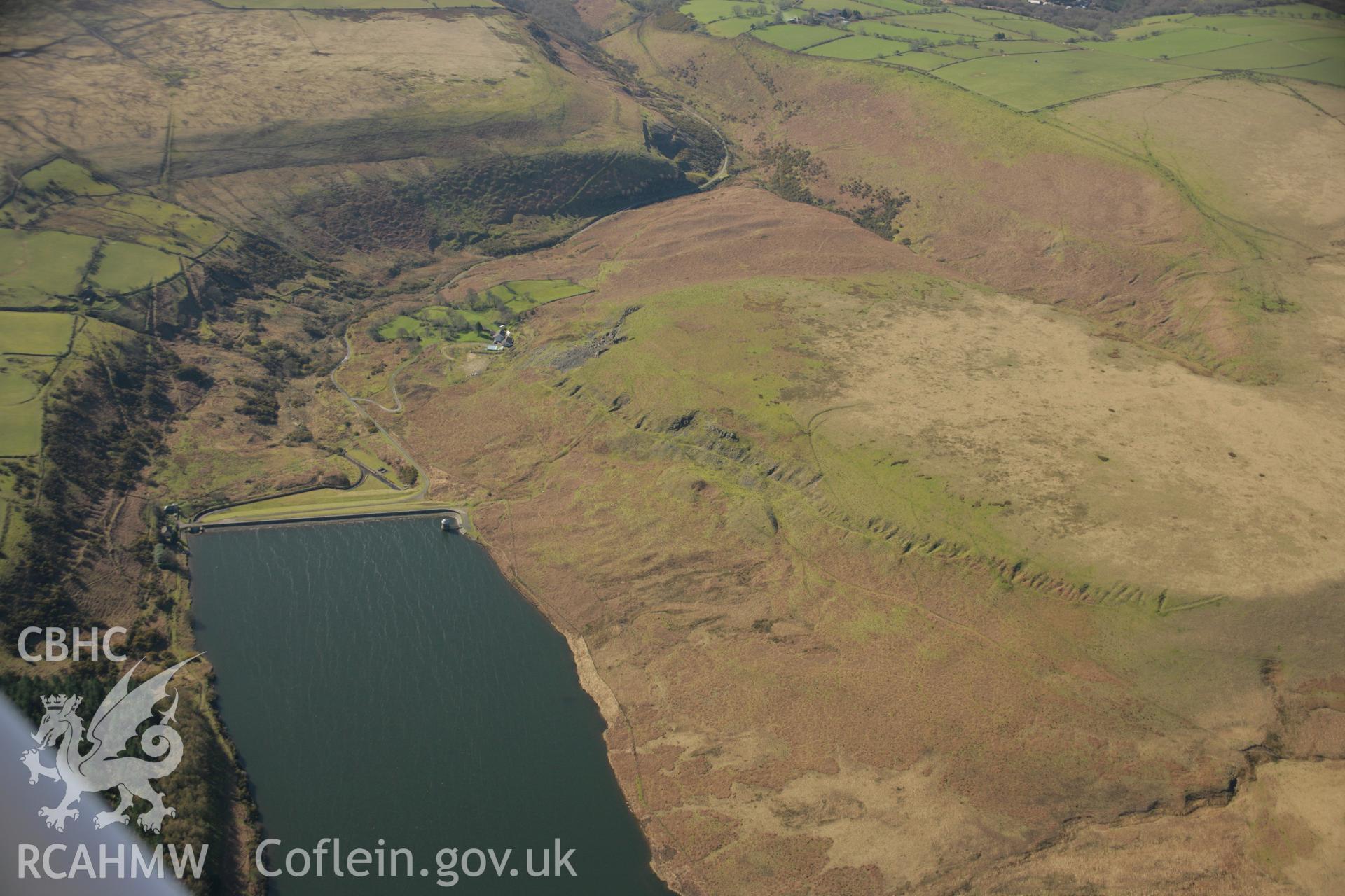 RCAHMW colour oblique aerial photograph of Upper Lliw Reservoir Valve House and quarries. Taken on 21 March 2007 by Toby Driver