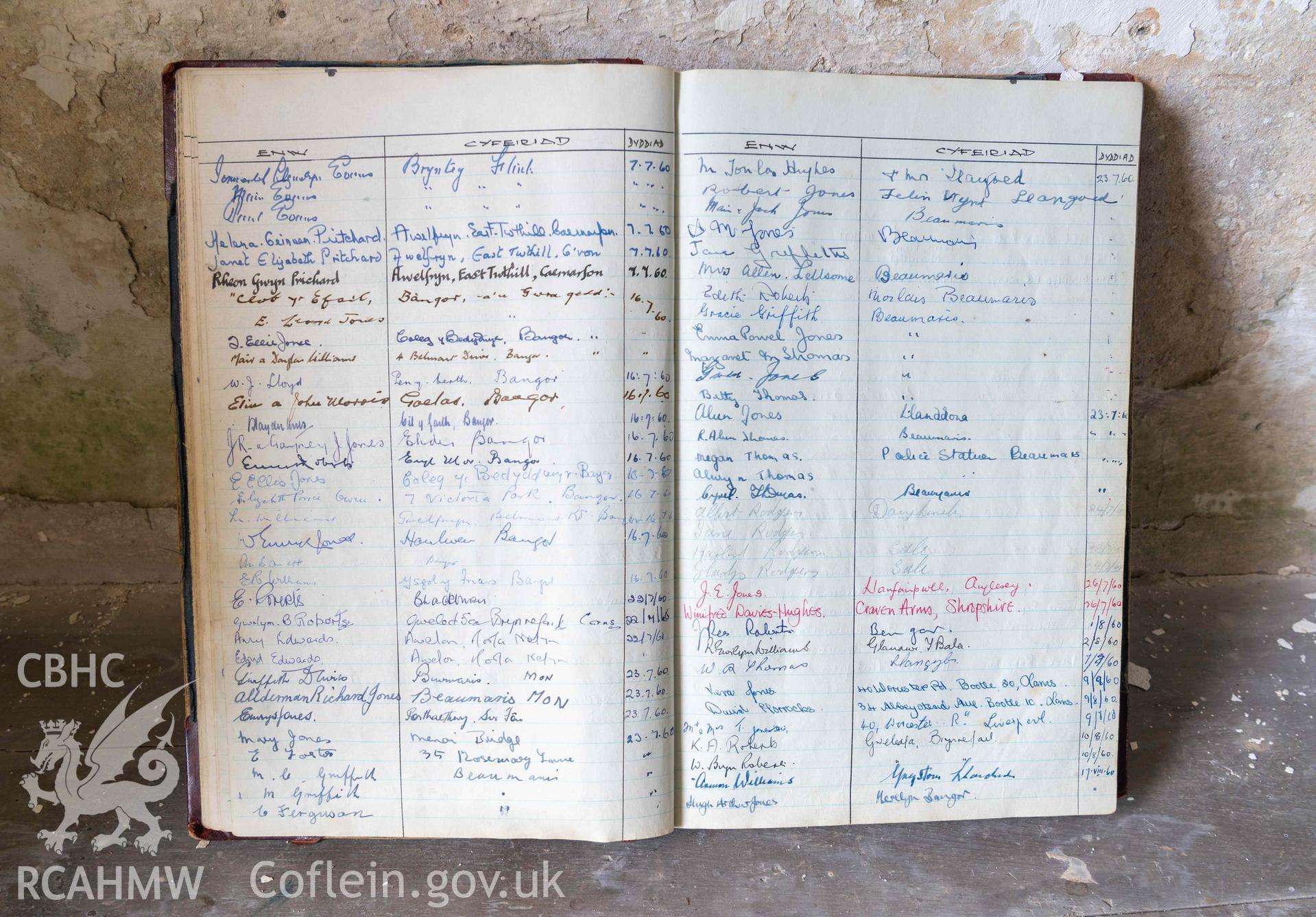 Capel Newydd - View of a page of the visitor book, featuring the name's, addresses and dates of visitors