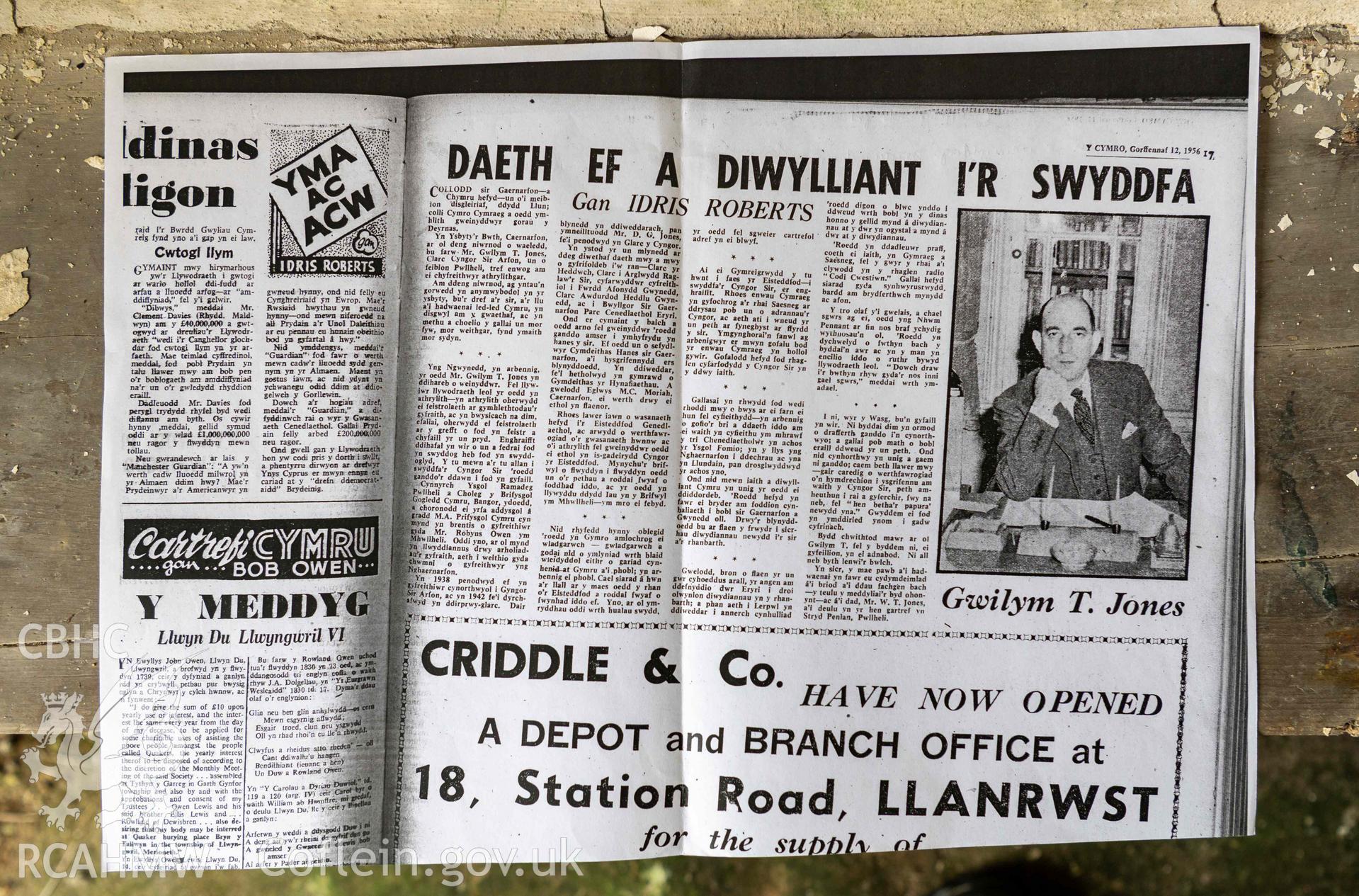 Capel Newydd - Photocopy of a newspaper article about Gwilym T. Jones