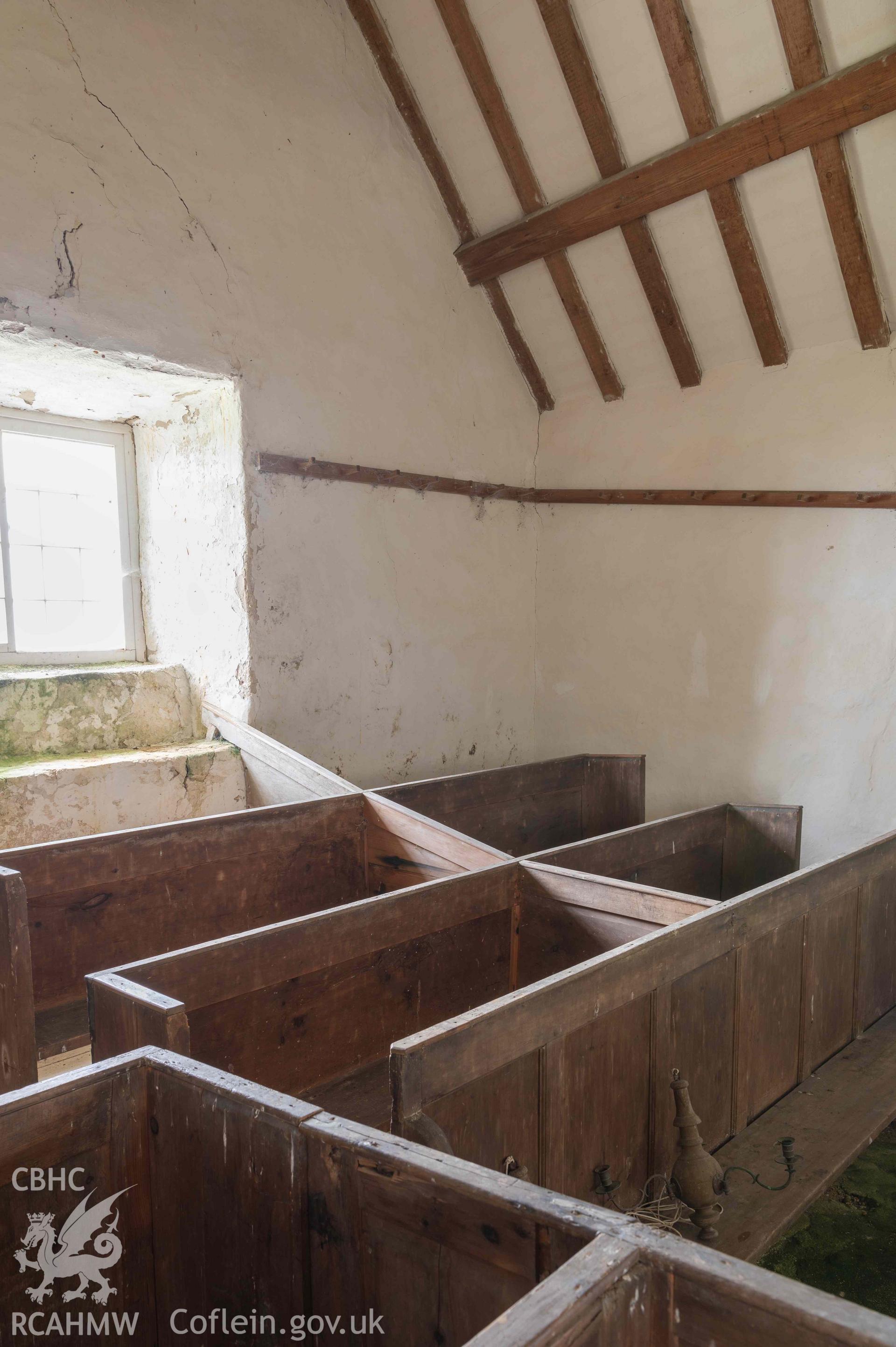 Capel Newydd - Detailed view of pews at the West of the chapel, taken from South-East