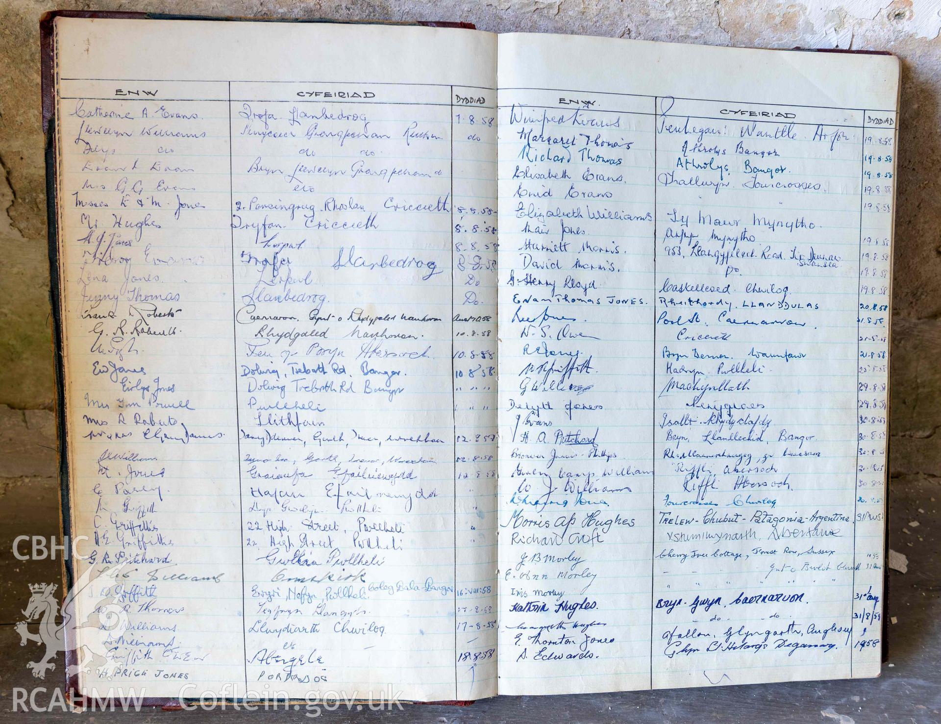 Capel Newydd - View of a page of the visitor book, featuring the name's, addresses and dates of visitors