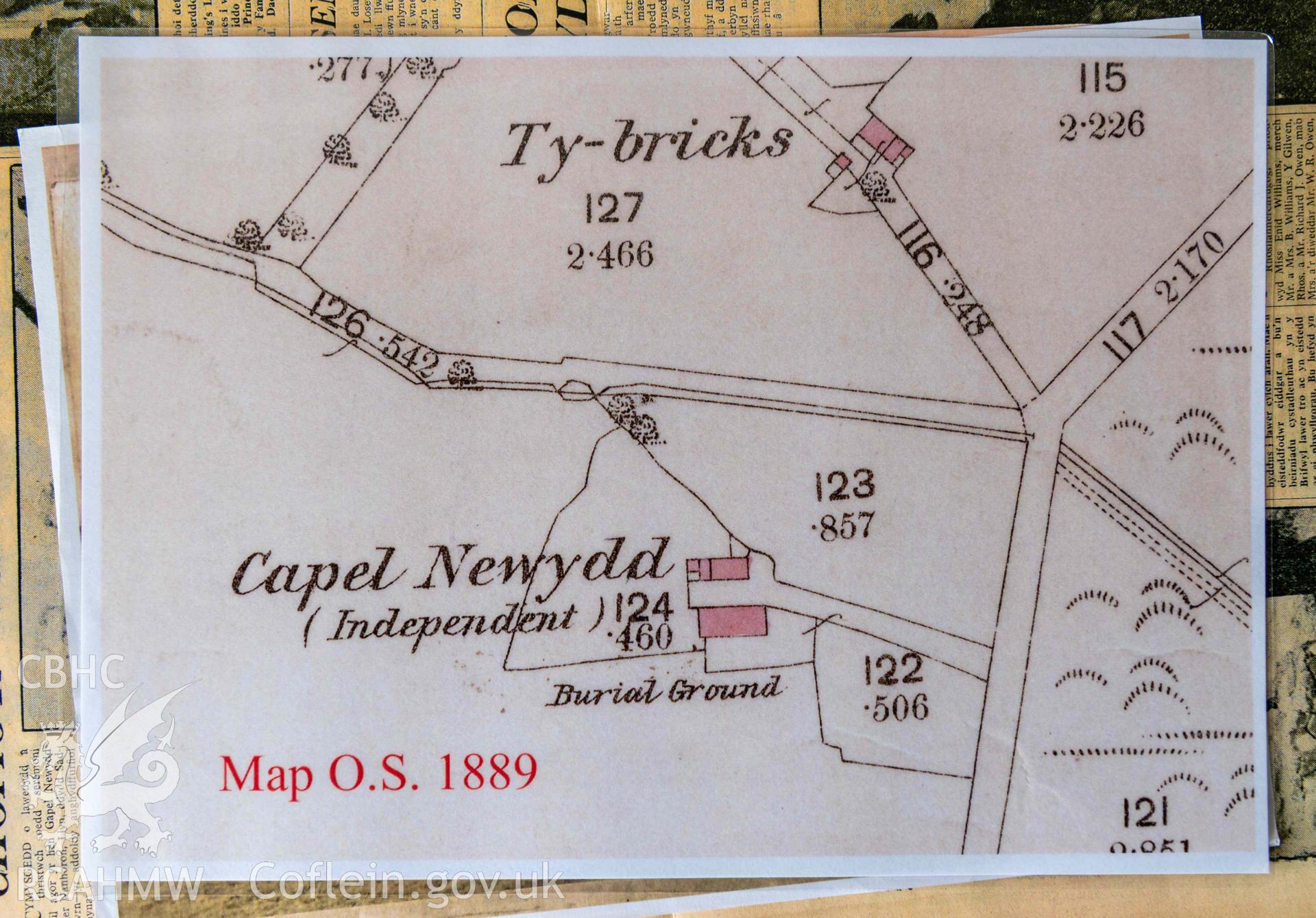Capel Newydd - Photograph of an Ordnance Survey map of the area from 1889