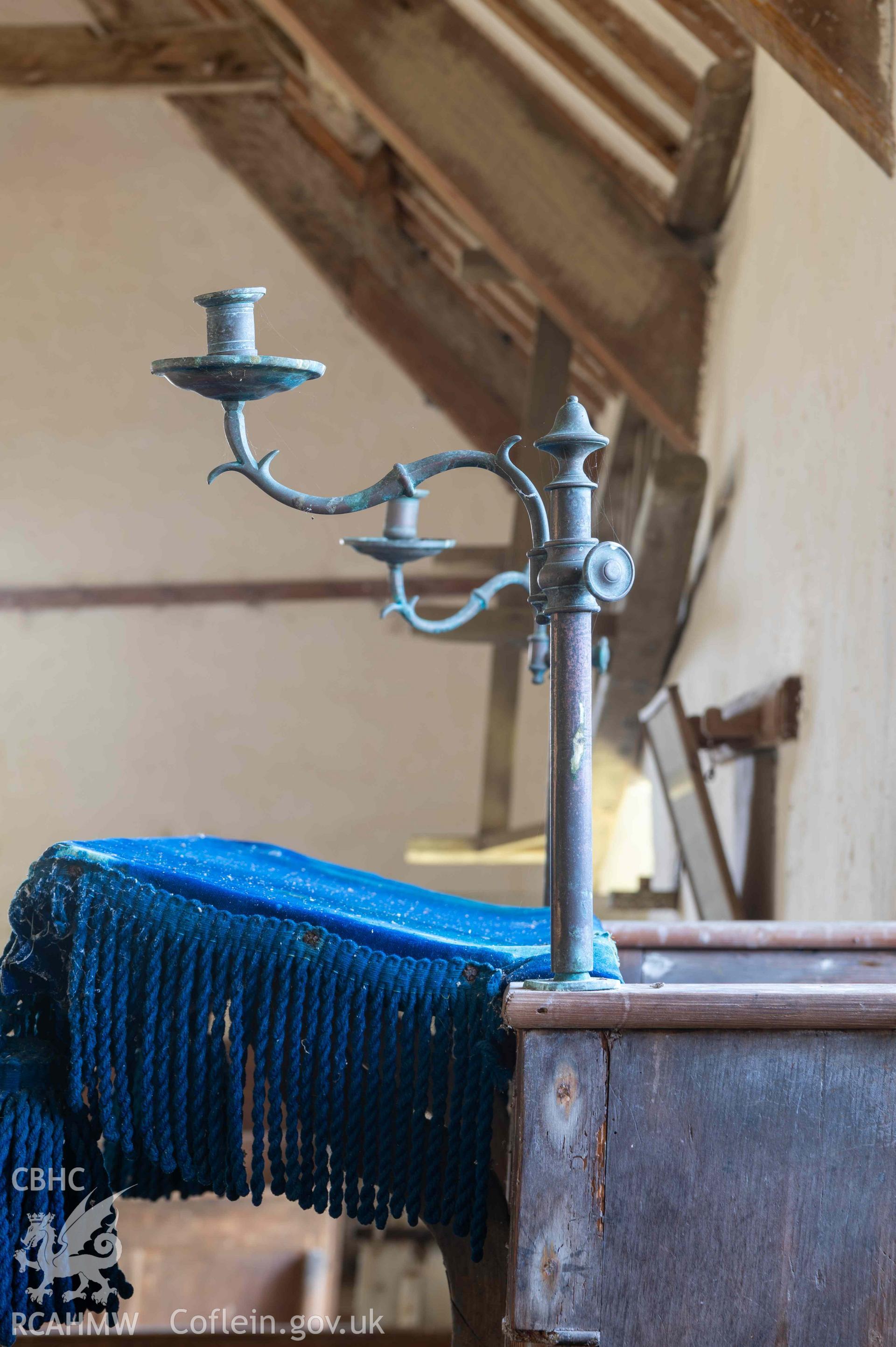 Capel Newydd - Detailed view of a candleholder on the pulpit, taken from East