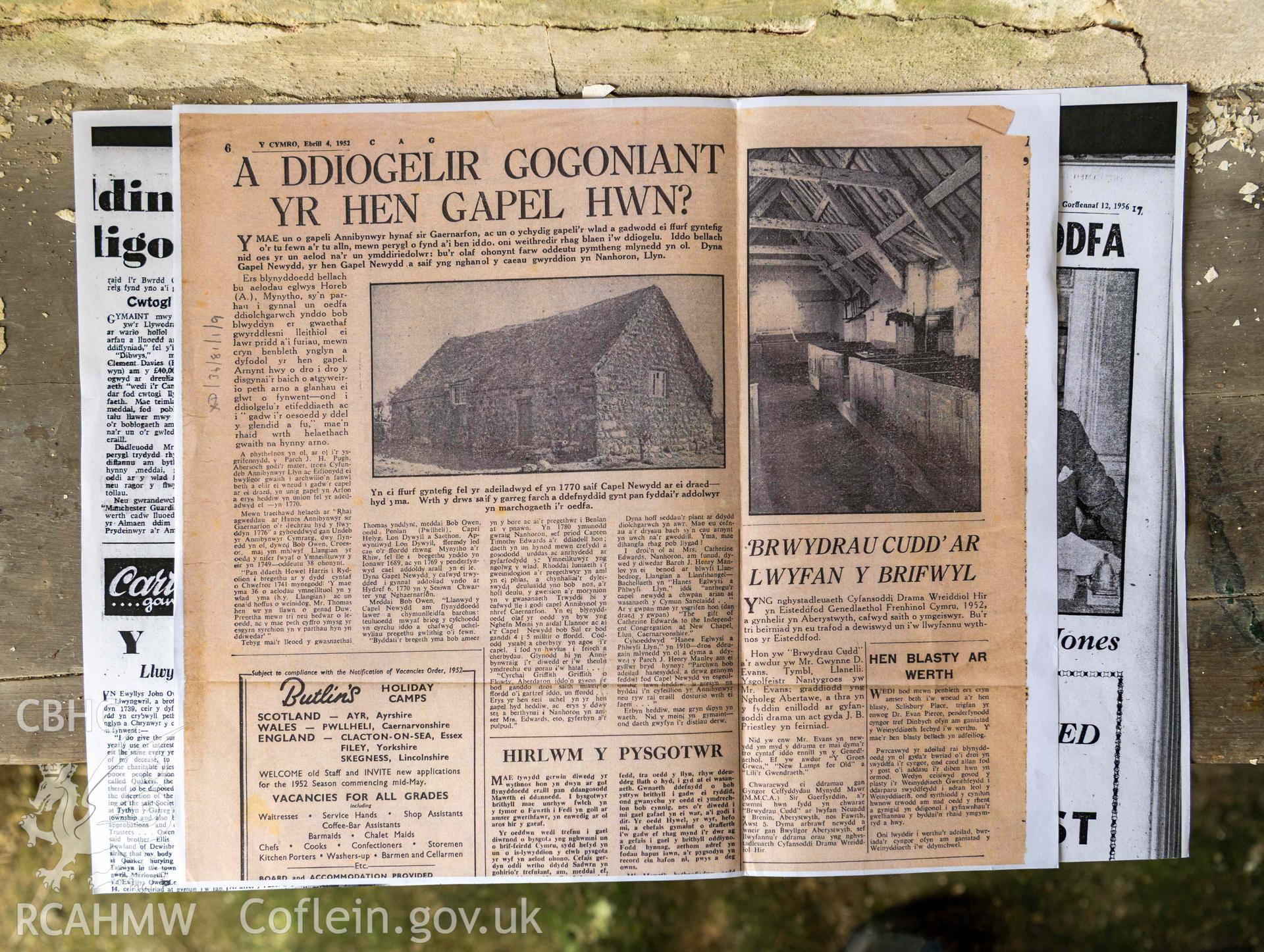 Capel Newydd - Photocopy of a newspaper article about  the future of the old chapel