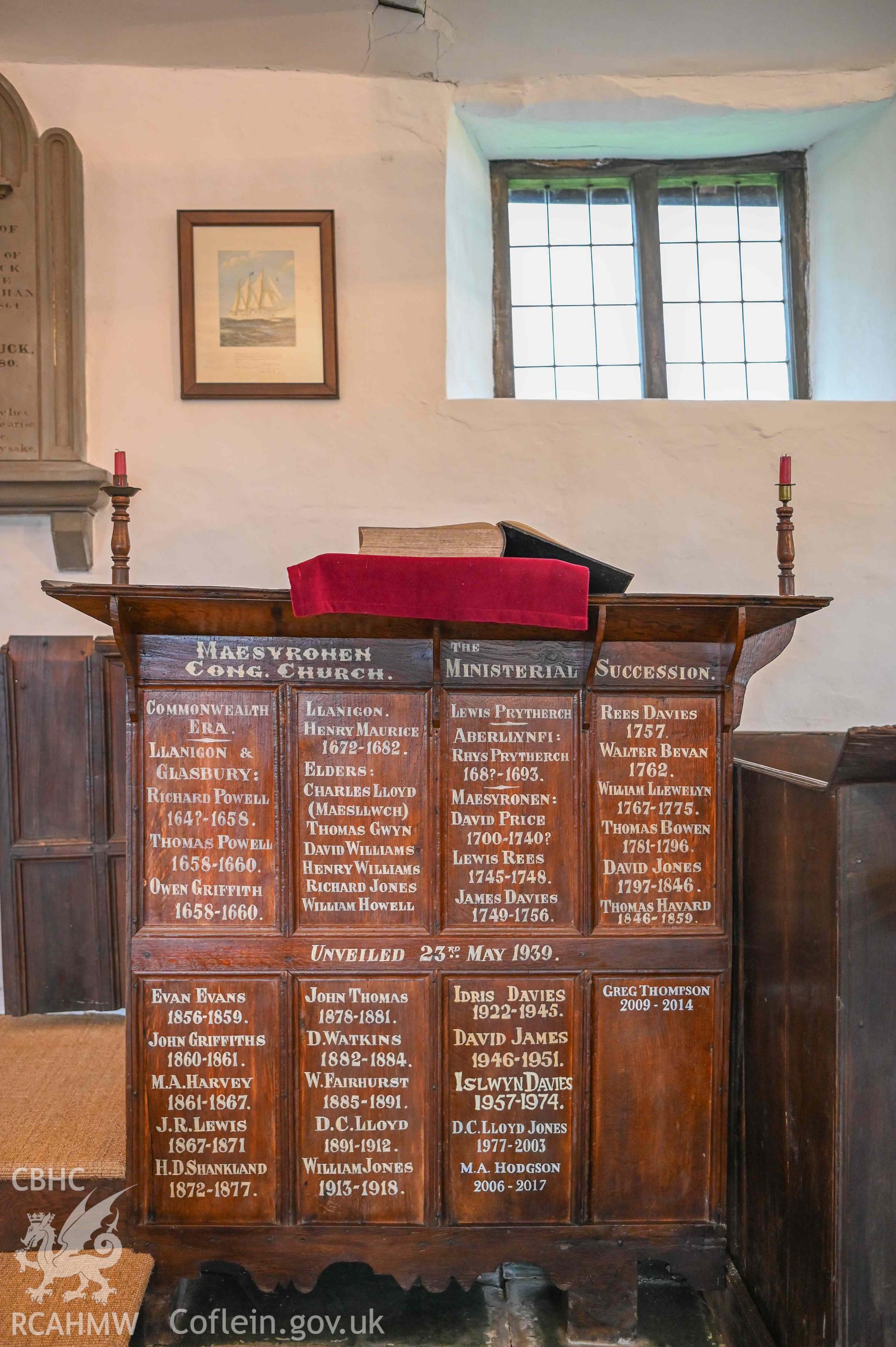 Maesyronen Chapel - Detailed view of the front of the altar, taken from South