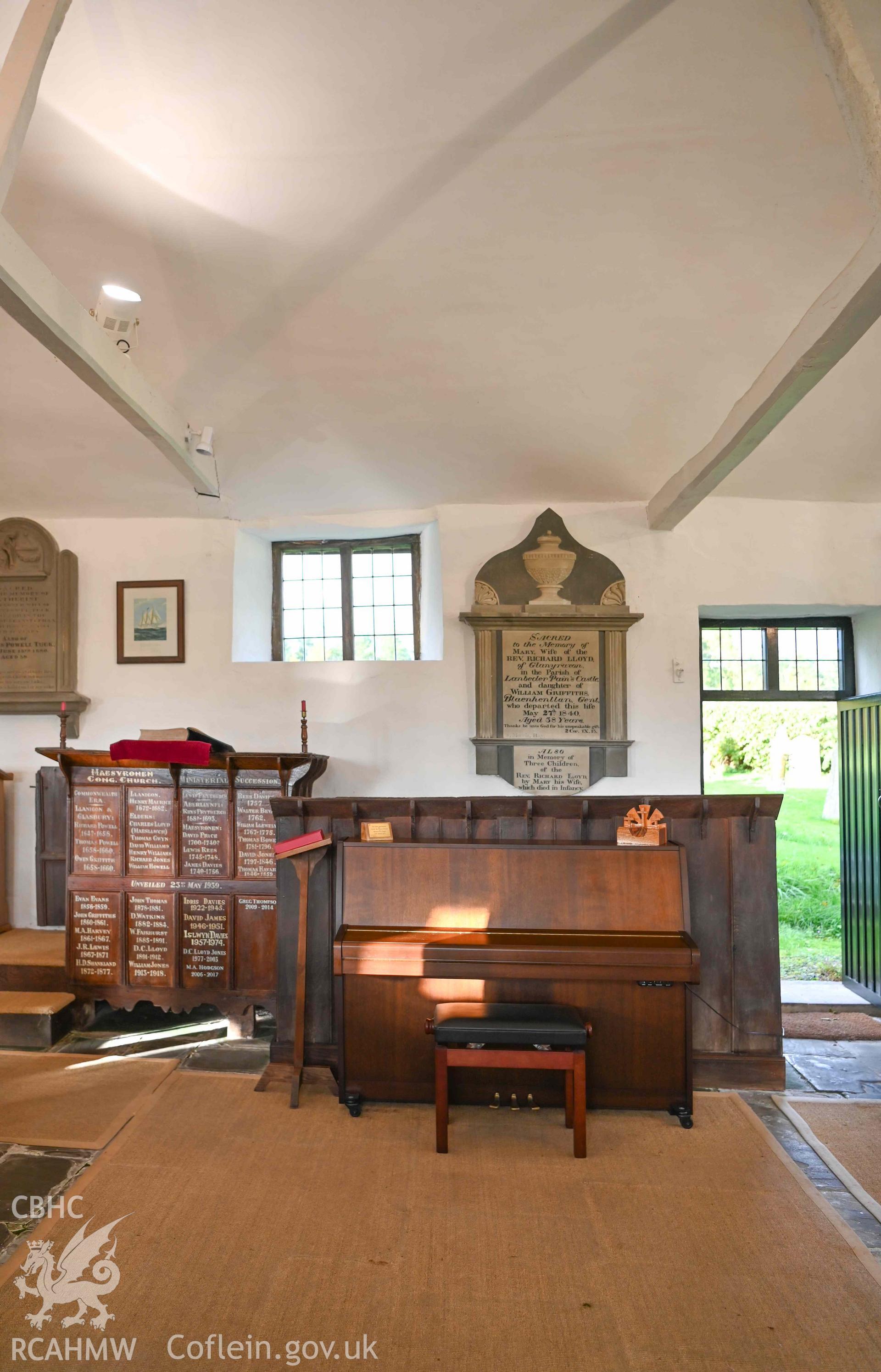 Maesyronen Chapel - View of the chapel's altar, piano and rear exit, taken from South