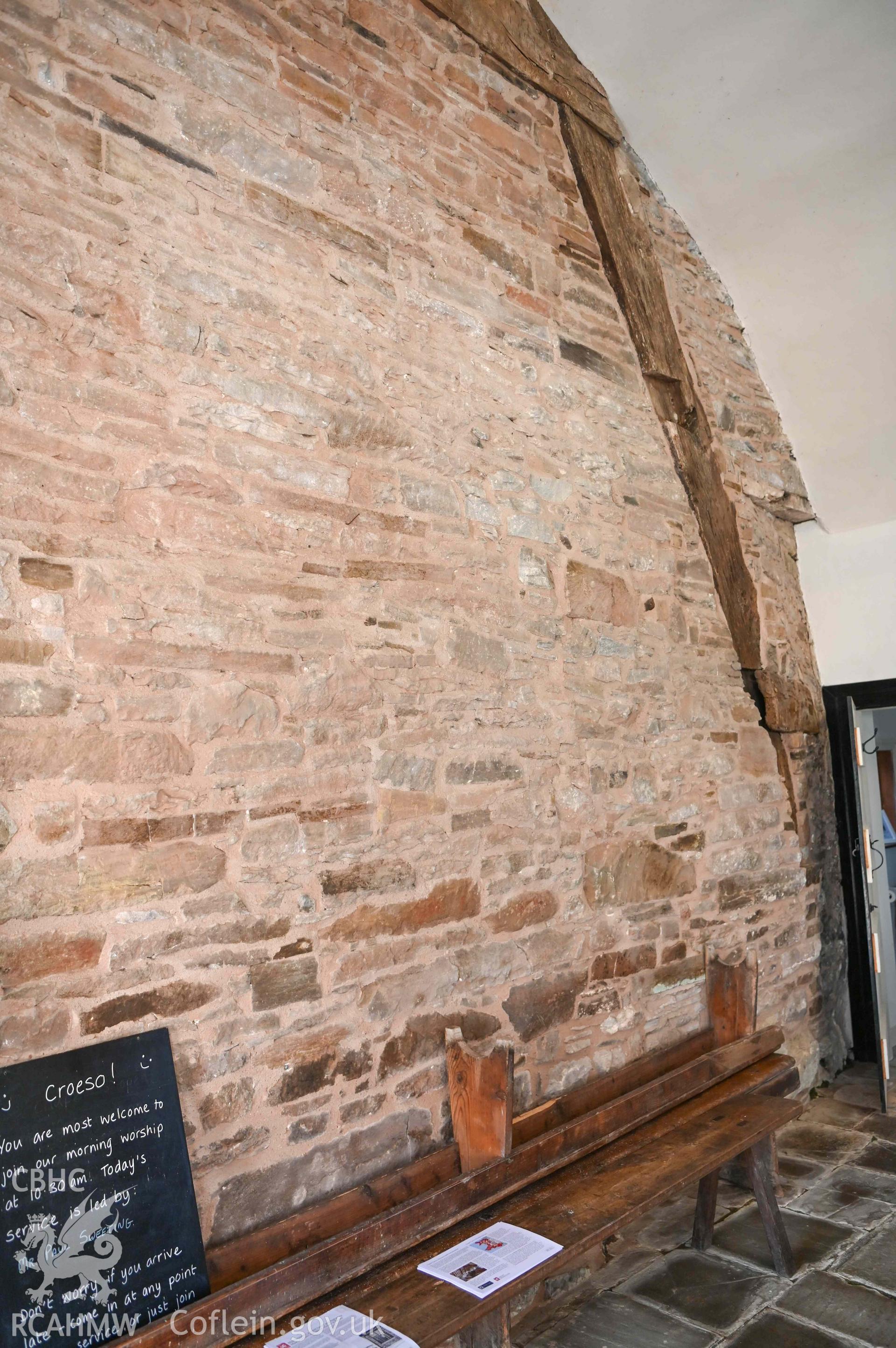 Maesyronen Chapel House - Interior view of a portion of the Western wall of the chapel, taken from East