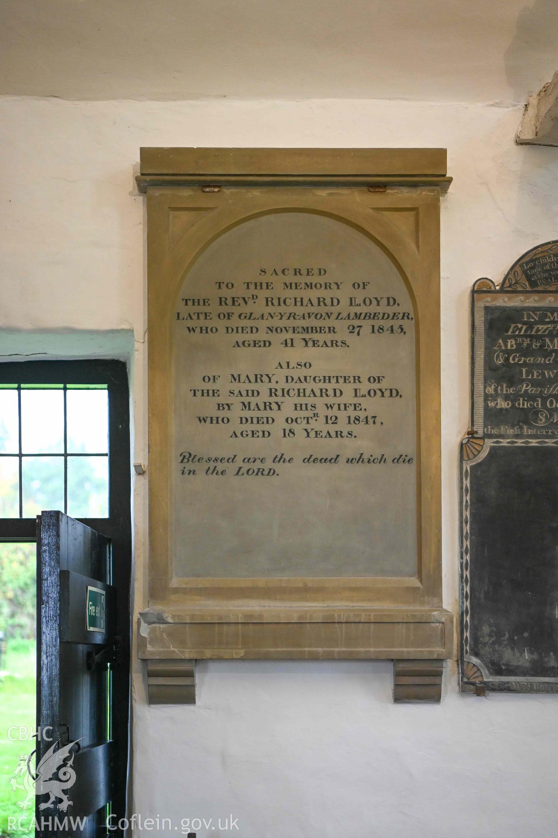 Maesyronen Chapel - Detailed view of a memorial to the Reverend Richard Lloyd and Mary Lloyd, taken from South
