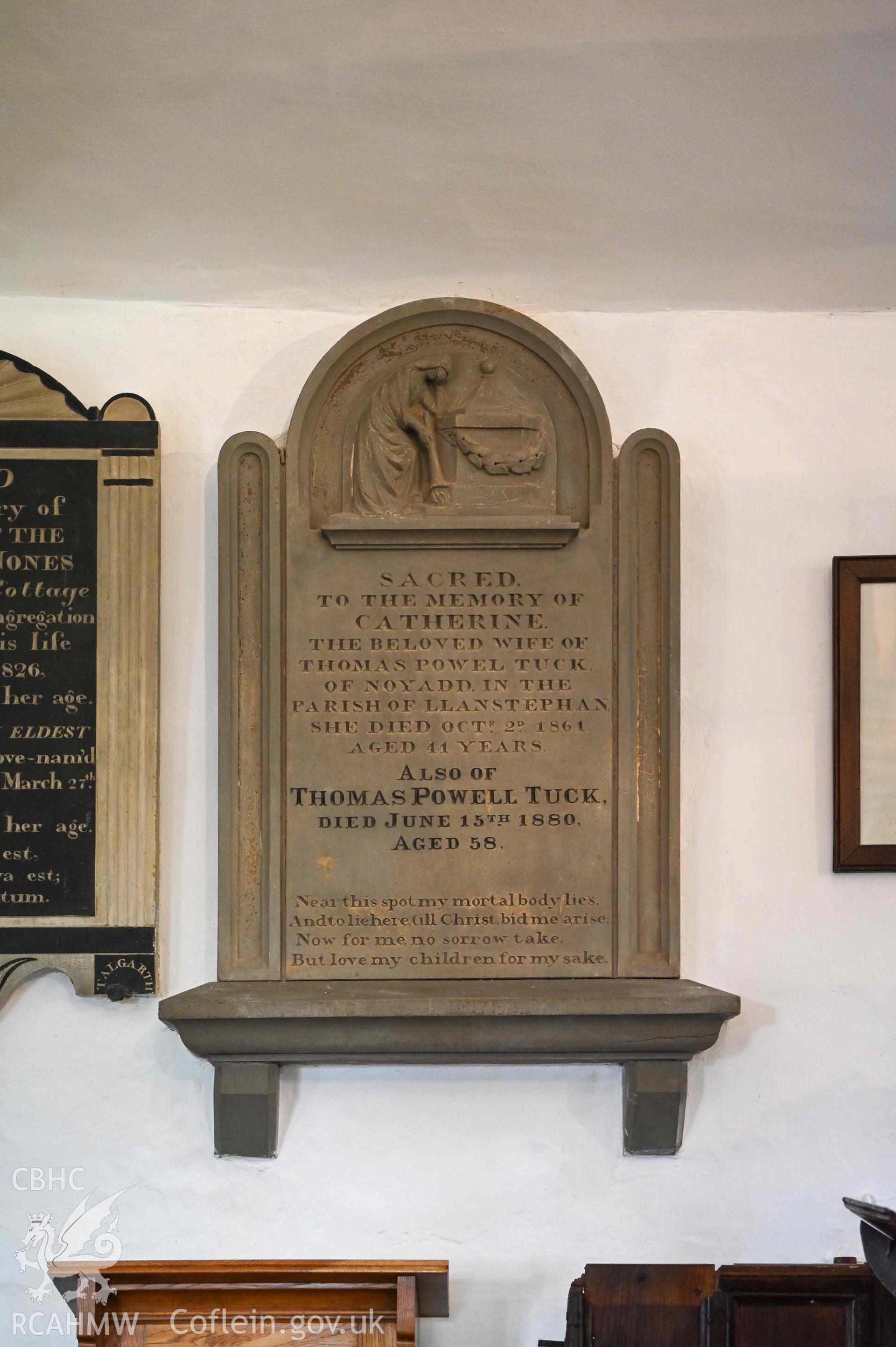 Maesyronen Chapel House - Detailed view of a memorial for Catherine and Thomas Powell Tuck, taken from South