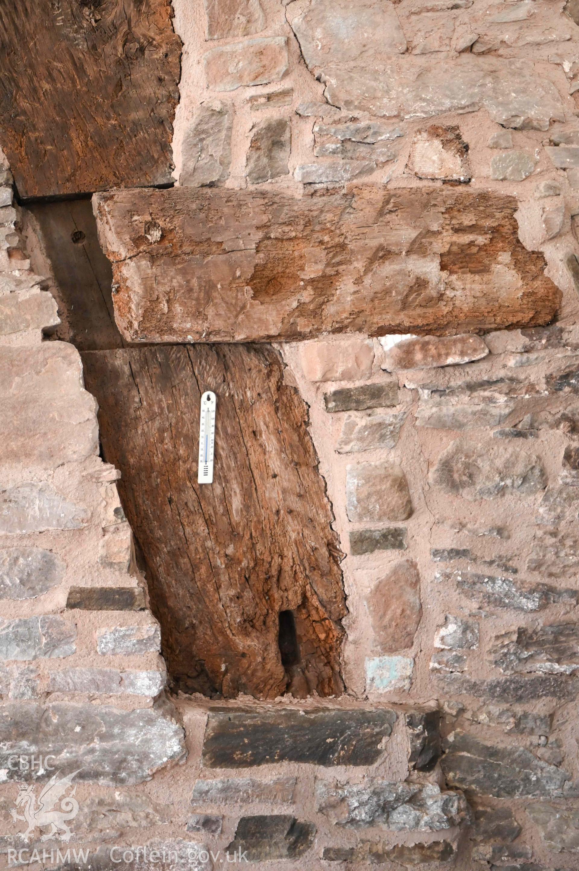 Maesyronen Chapel House - Detailed view of a timber section within the Western wall, taken from East