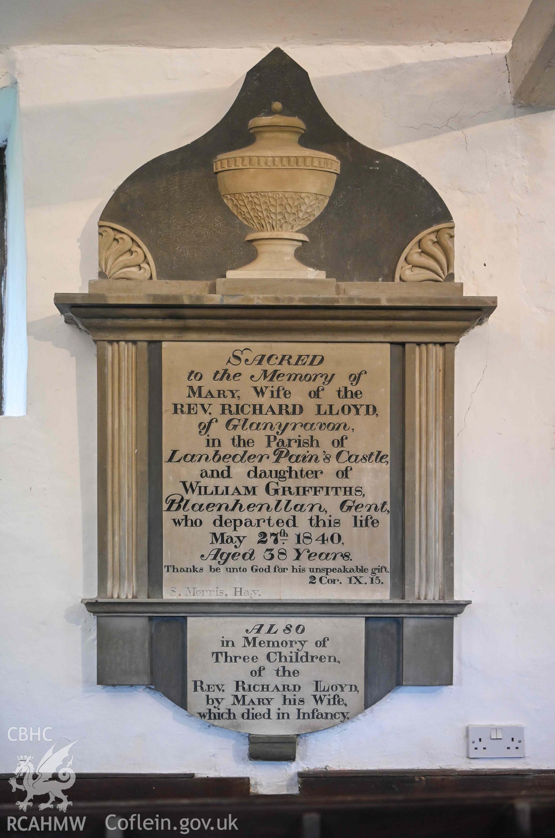 Maesyronen Chapel - Detailed view of a memorial to Mary, wife of the Reverend Richard Lloyd, taken from South